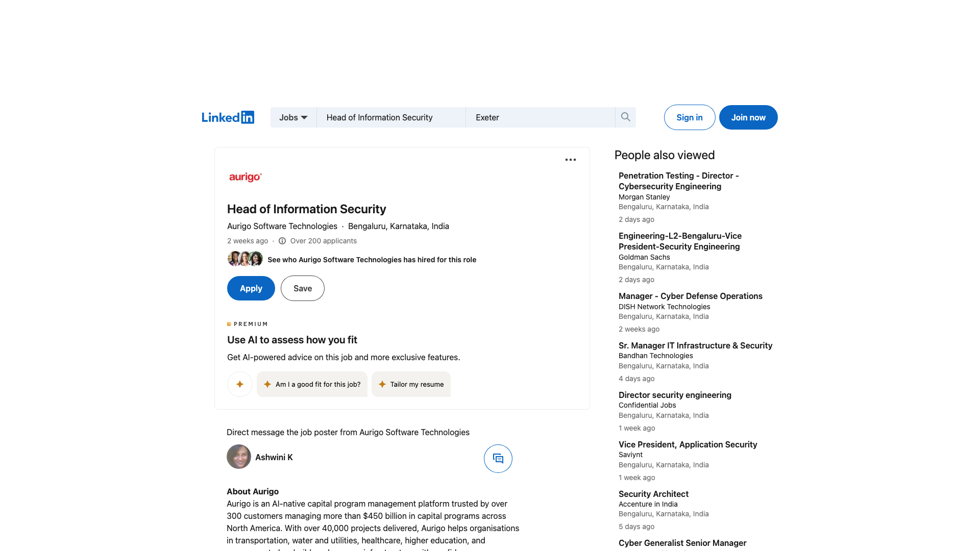 Screenshot of the Aurigo Head of Information Security job posting, captured 2026-09-05