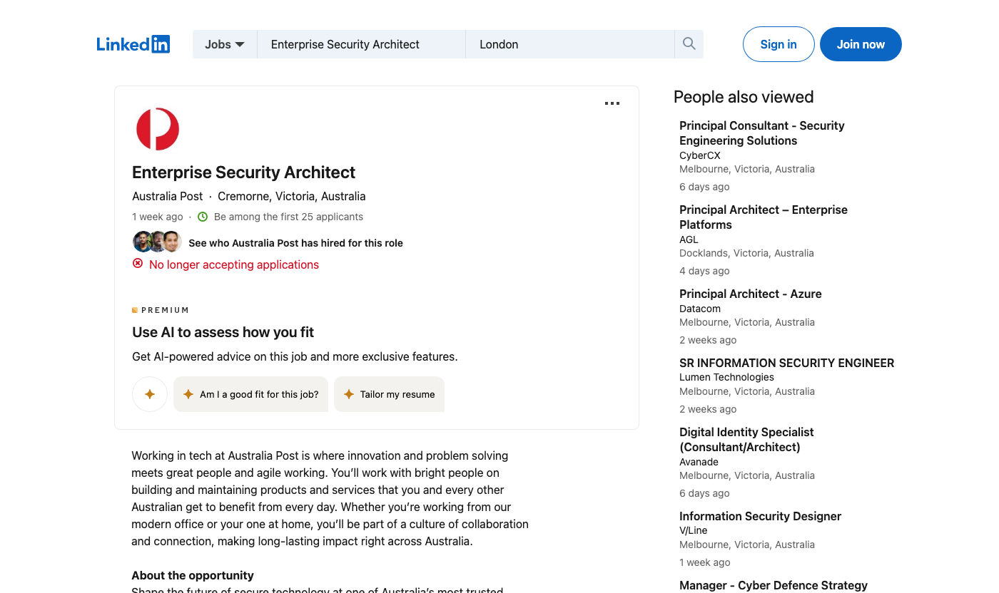 Screenshot of the Australia Post Enterprise Security Architect (Senior Manager, Enterprise Security Architecture) job posting, captured 2026-09-05