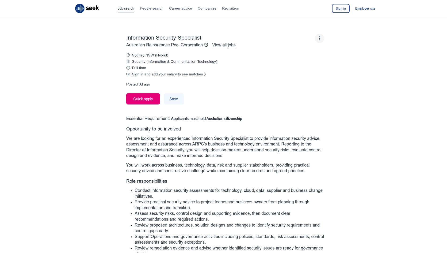 Screenshot of the Australian Reinsurance Pool Corporation Information Security Specialist job posting, captured 2026-09-05