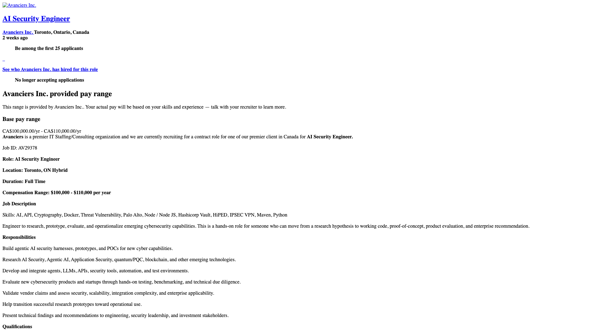 Screenshot of the Avanciers AI Security Engineer job posting, captured 2026-10-22