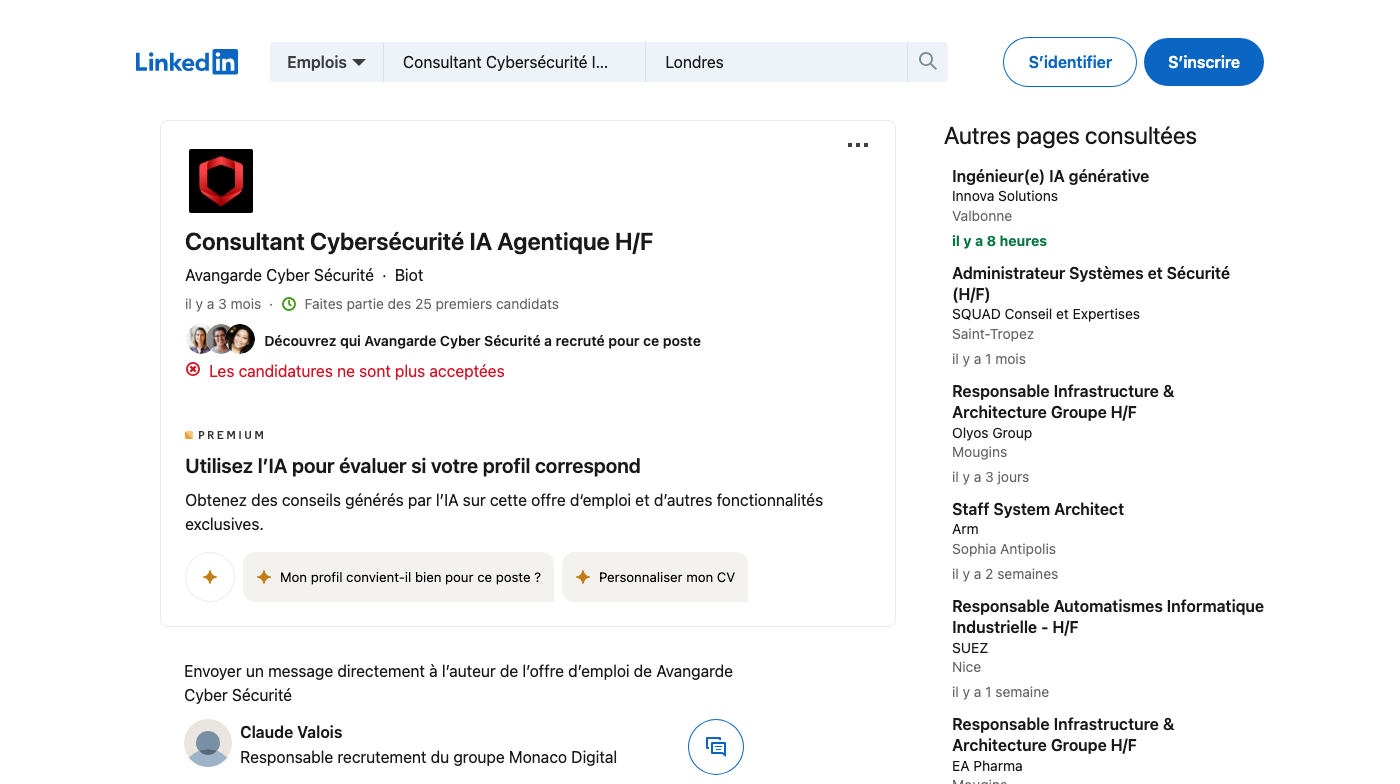 Screenshot of the Avangarde Cyber Sécurité Consultant Cybersécurité IA Agentique H/F job posting, captured 2026-09-05