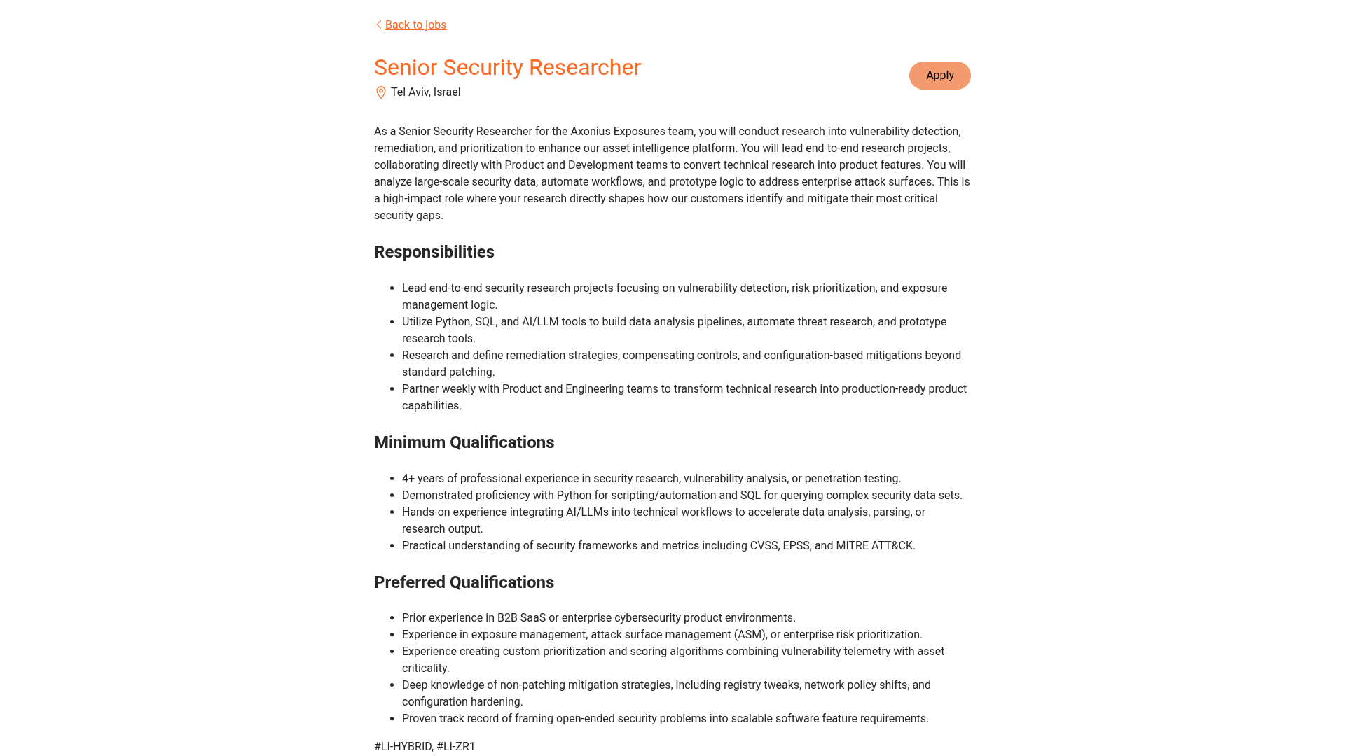 Screenshot of the Axonius Senior Security Researcher job posting, captured 2026-08-31