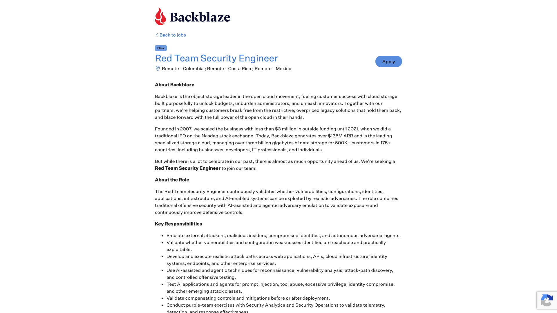 Screenshot of the Backblaze Red Team Security Engineer job posting, captured 2026-10-22