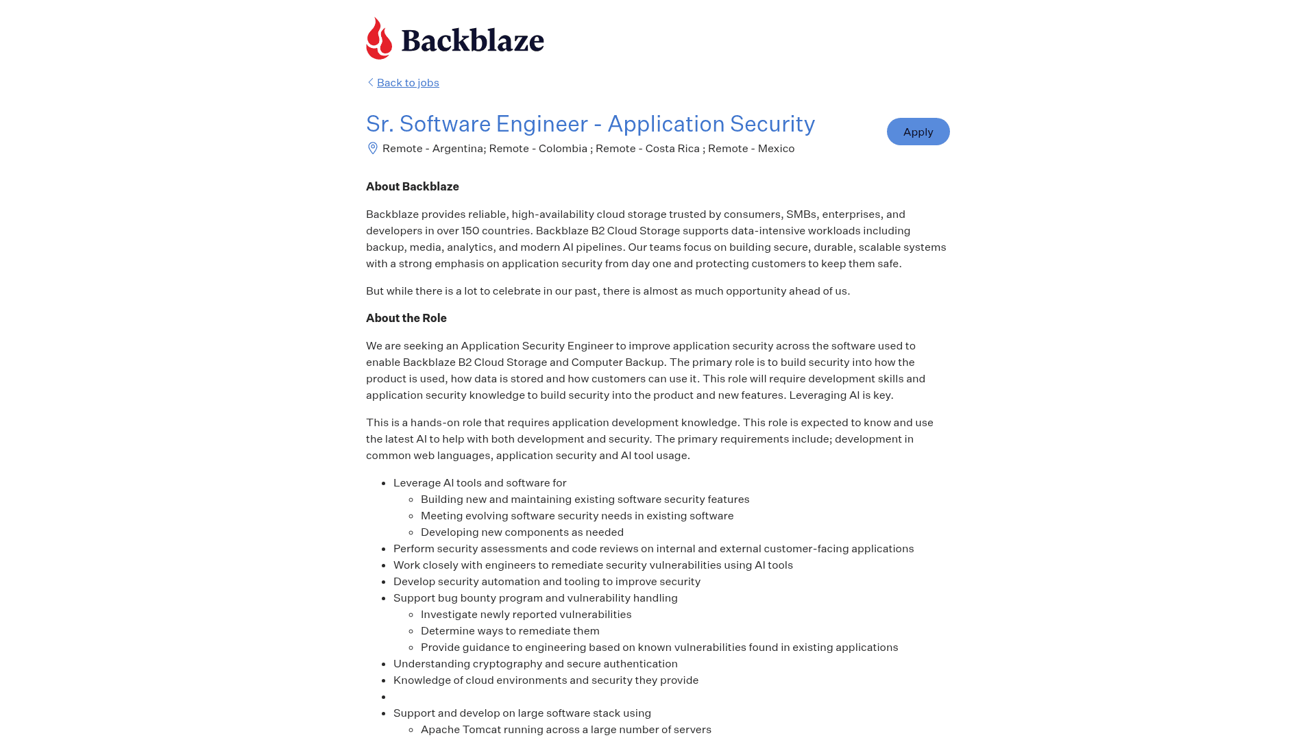 Screenshot of the Backblaze Sr. Software Engineer - Application Security job posting, captured 2026-08-31