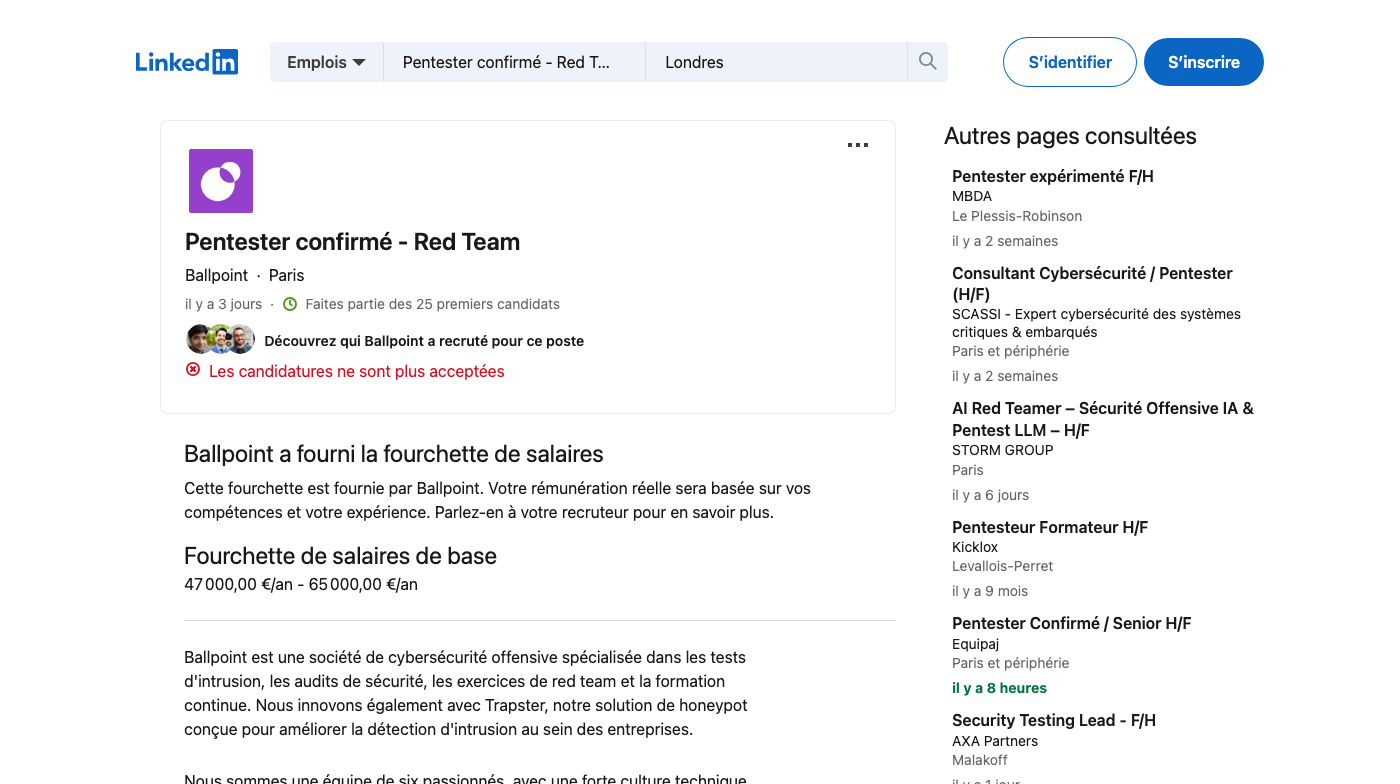 Screenshot of the Ballpoint Pentester confirmé - Red Team job posting, captured 2026-09-05