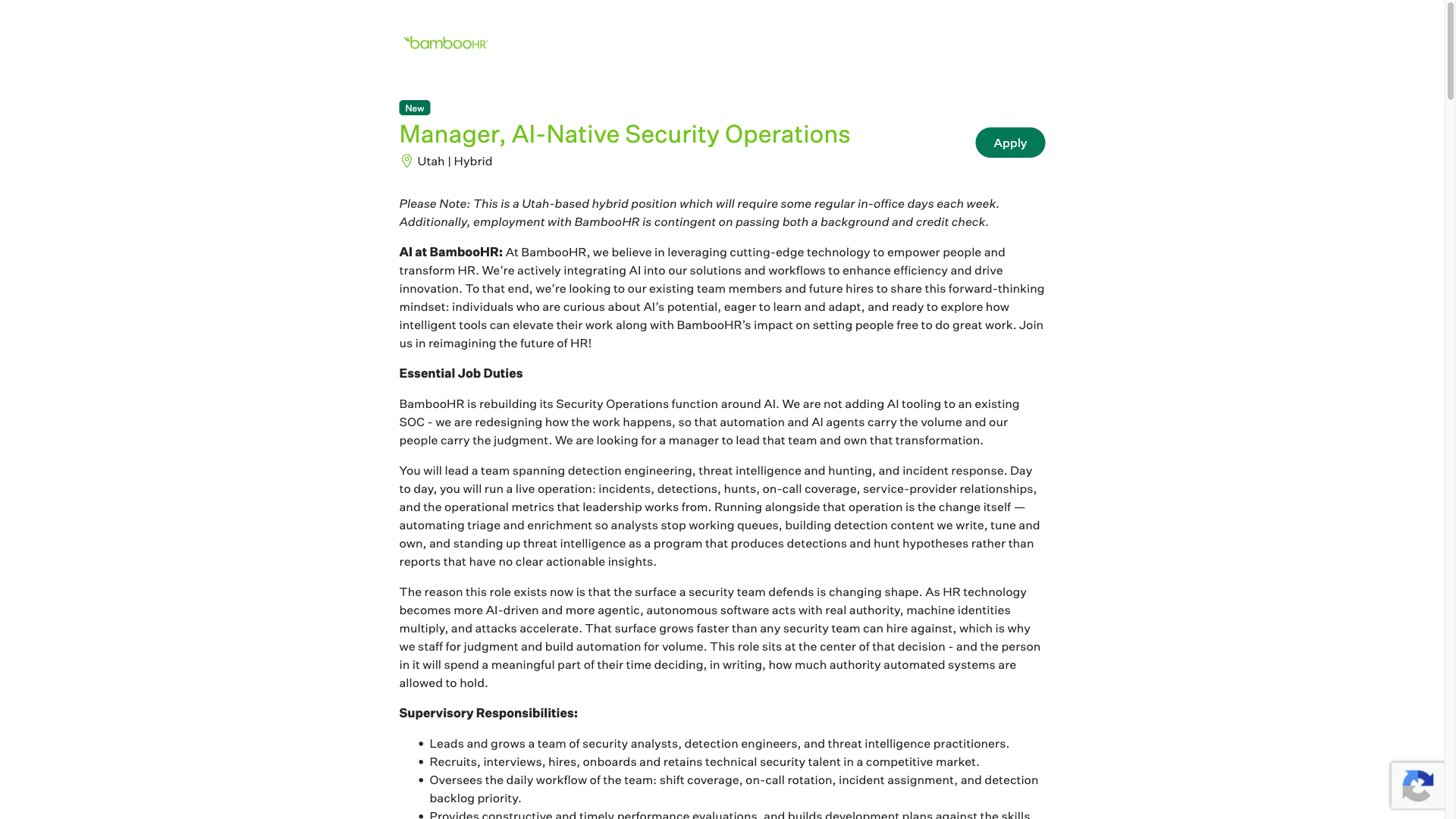 Screenshot of the BambooHR Manager, AI-Native Security Operations job posting, captured 2026-10-01