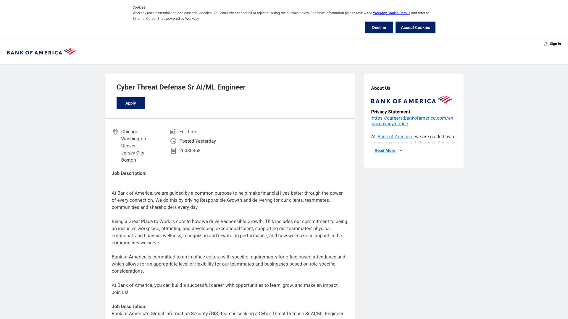 Screenshot of the Bank of America Cyber Threat Defense Sr AI/ML Engineer job posting, captured 2026-10-22