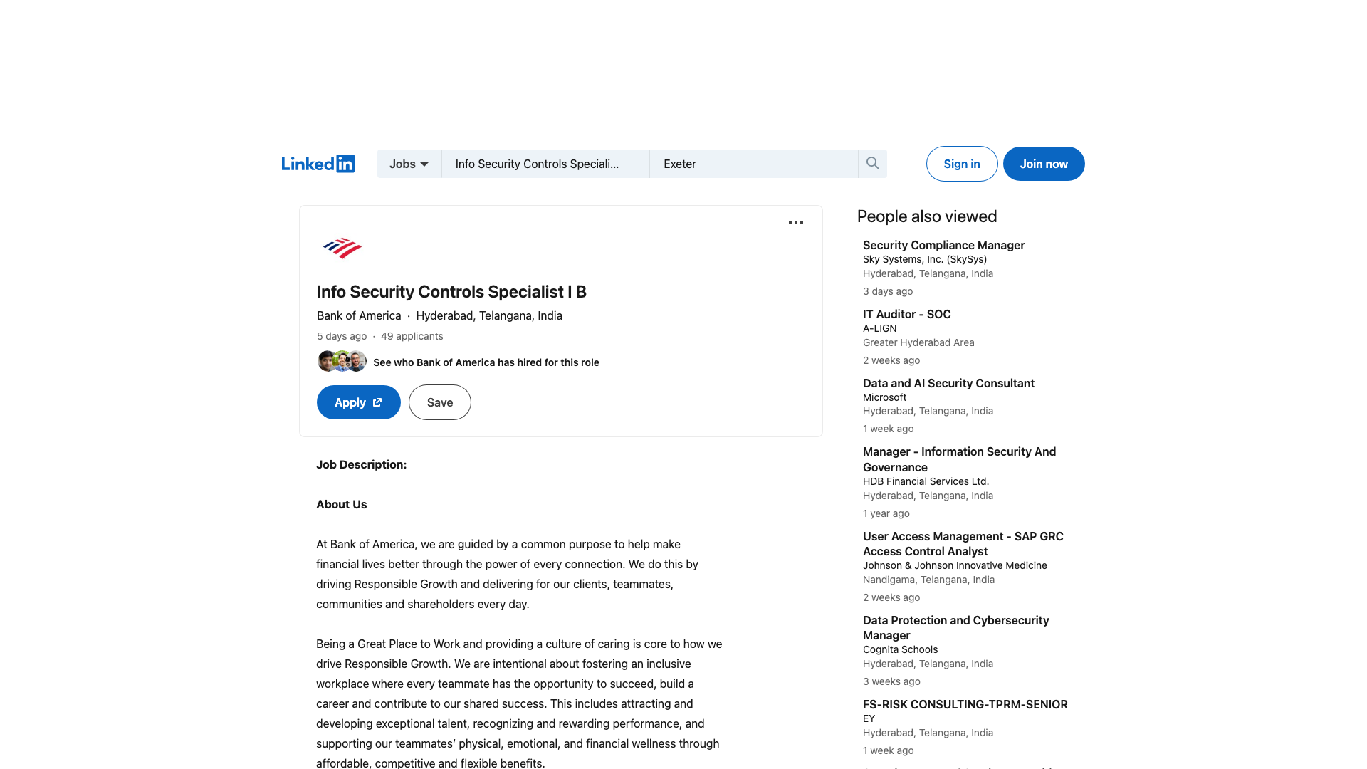 Screenshot of the Bank of America Info Security Controls Specialist I B job posting, captured 2026-09-05