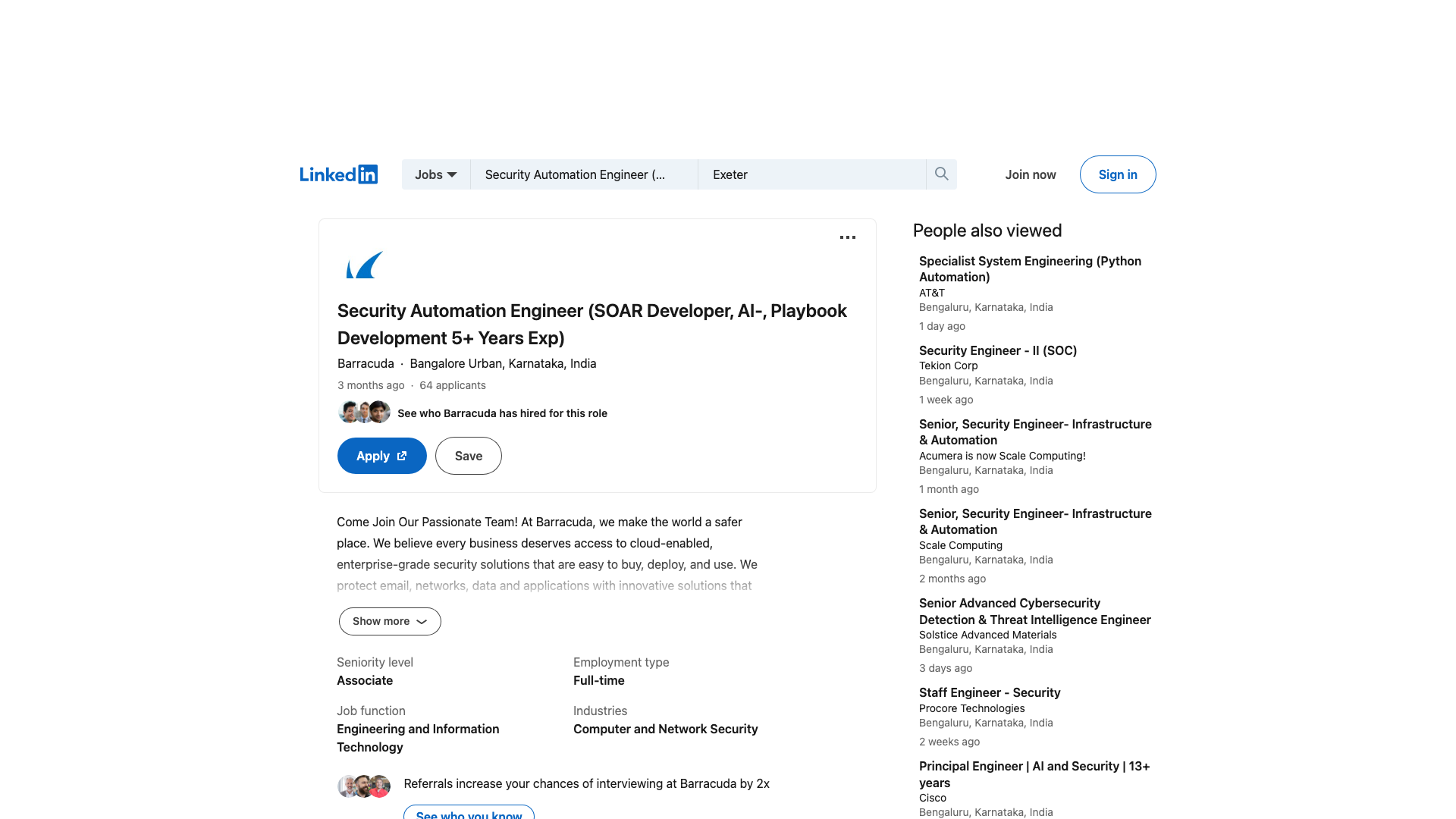 Screenshot of the Barracuda Security Automation Engineer (SOAR Developer, AI, Playbook Development) job posting, captured 2026-09-05