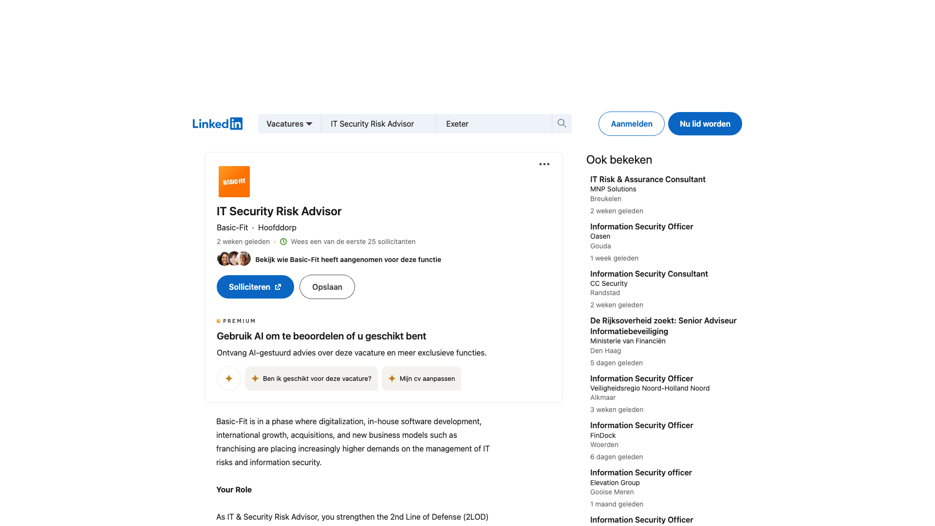 Screenshot of the Basic-Fit IT Security Risk Advisor job posting, captured 2026-09-05