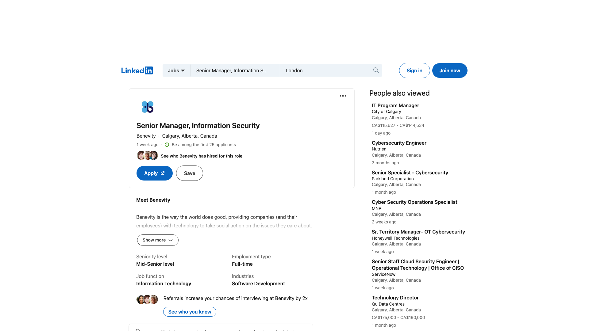 Screenshot of the Benevity Senior Manager, Information Security job posting, captured 2026-09-05