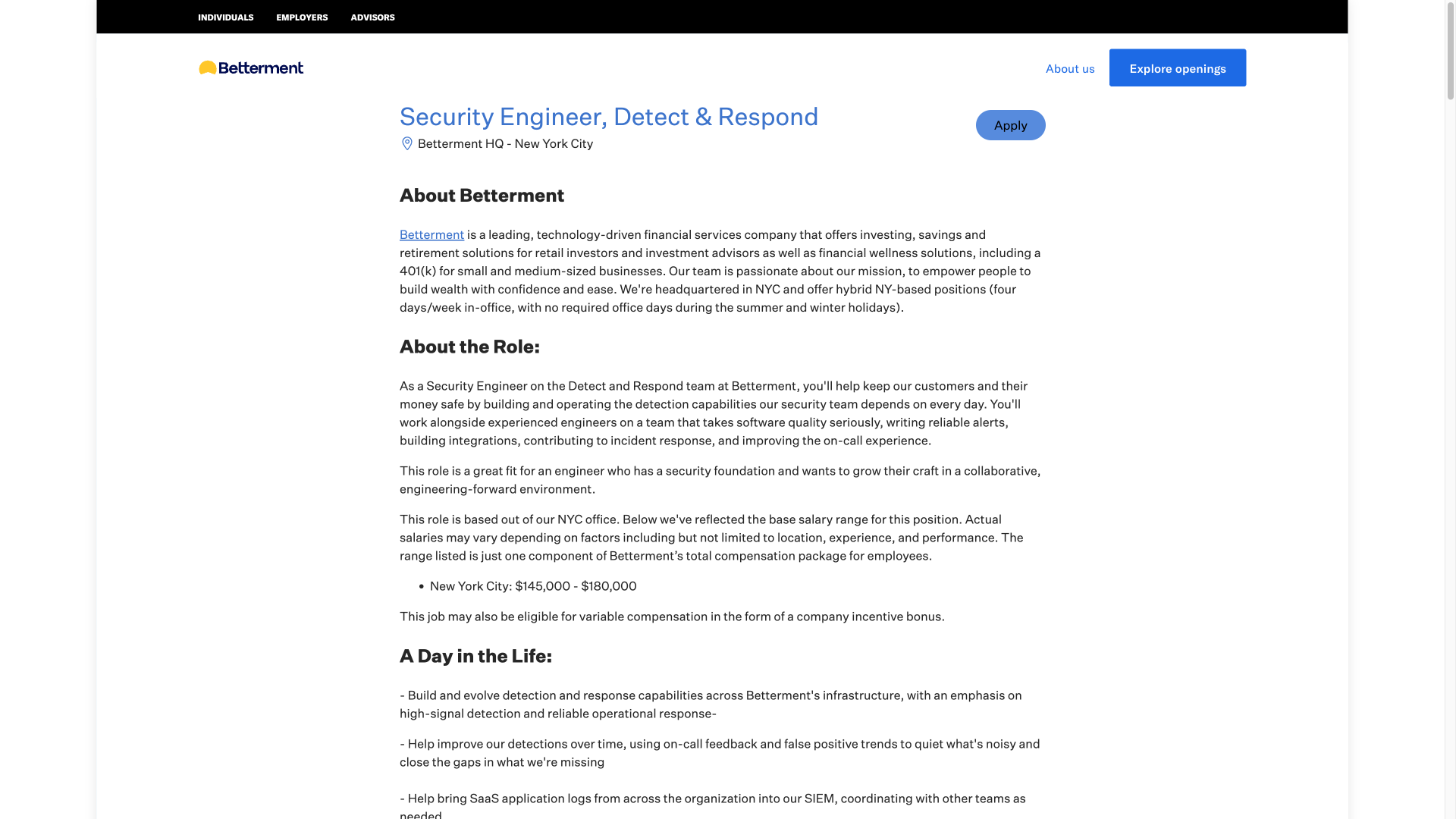 Screenshot of the Betterment Security Engineer, Detect & Respond job posting, captured 2026-10-08