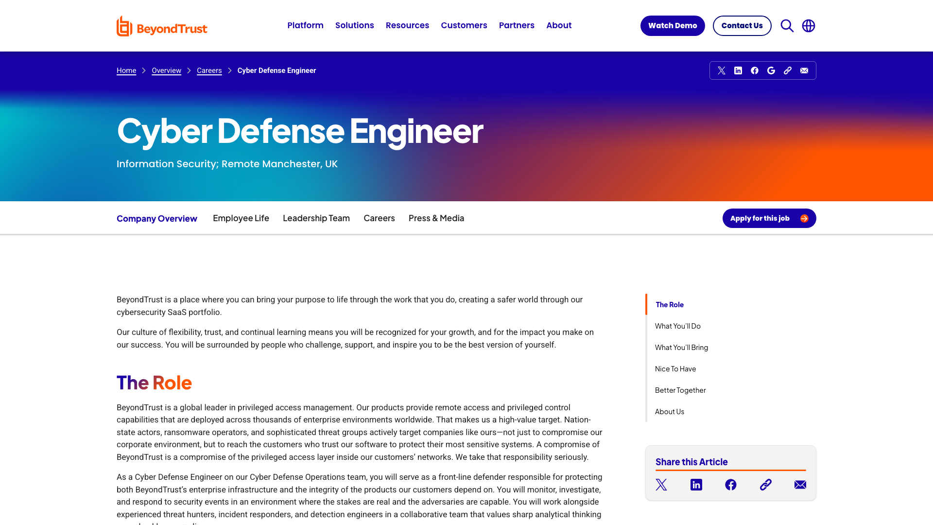 Screenshot of the BeyondTrust Cyber Defense Engineer job posting, captured 2026-10-22