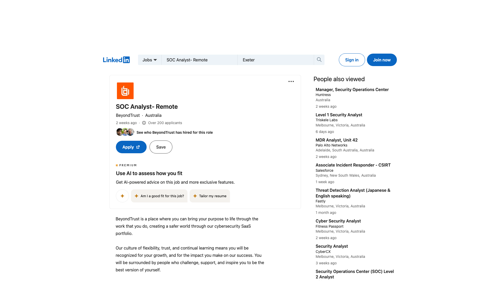 Screenshot of the BeyondTrust SOC Analyst - Remote job posting, captured 2026-09-05