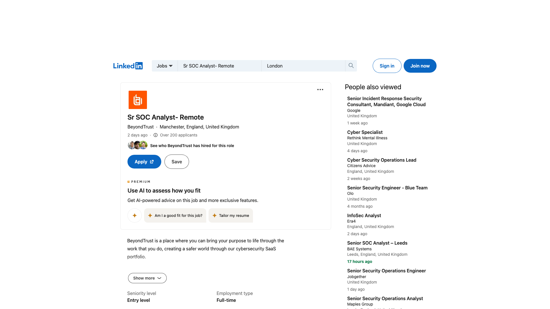 Screenshot of the BeyondTrust Sr SOC Analyst - Remote job posting, captured 2026-09-05