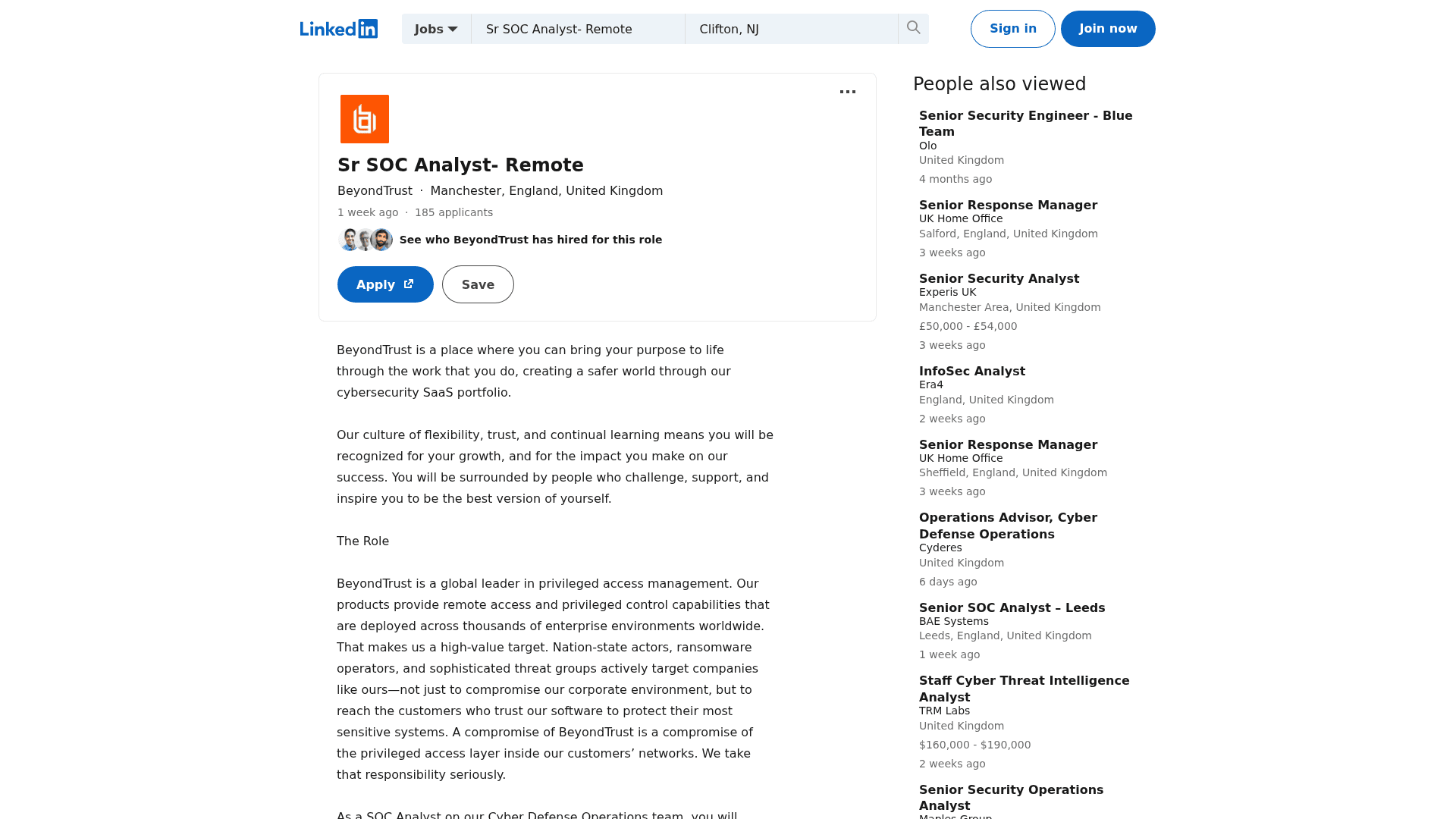 Screenshot of the BeyondTrust Sr SOC Analyst - Remote job posting, captured 2026-08-27