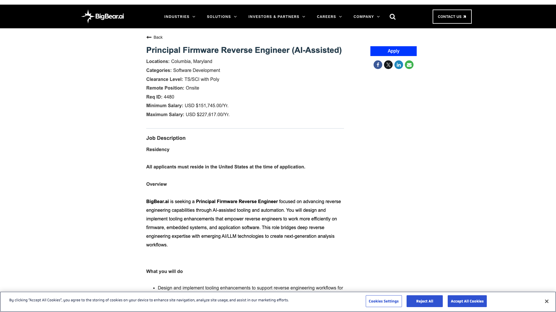 Screenshot of the BigBear.ai Principal Firmware Reverse Engineer (AI-Assisted) job posting, captured 2026-10-22