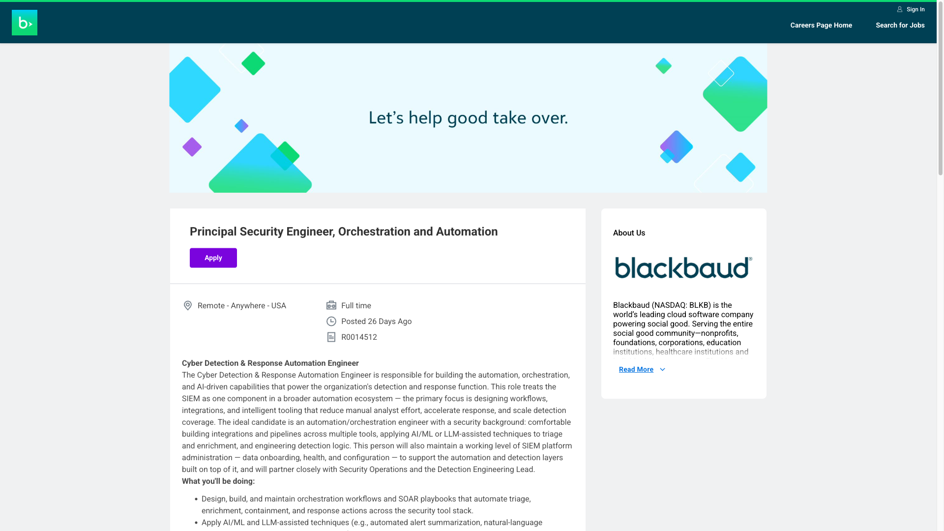 Screenshot of the Blackbaud Principal Security Engineer, Orchestration and Automation job posting, captured 2026-10-01