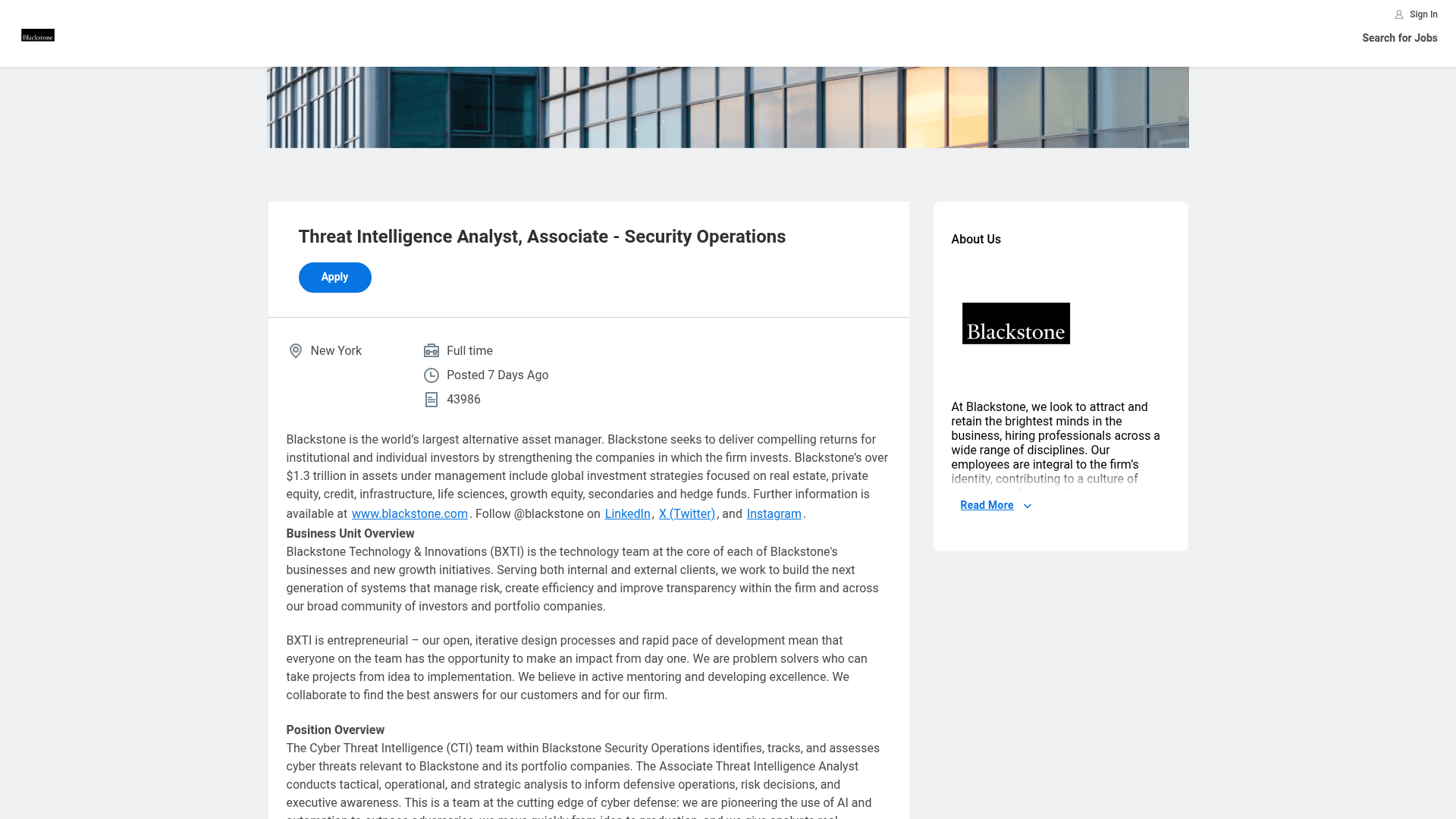 Screenshot of the Blackstone Threat Intelligence Analyst, Associate - Security Operations job posting, captured 2026-08-31