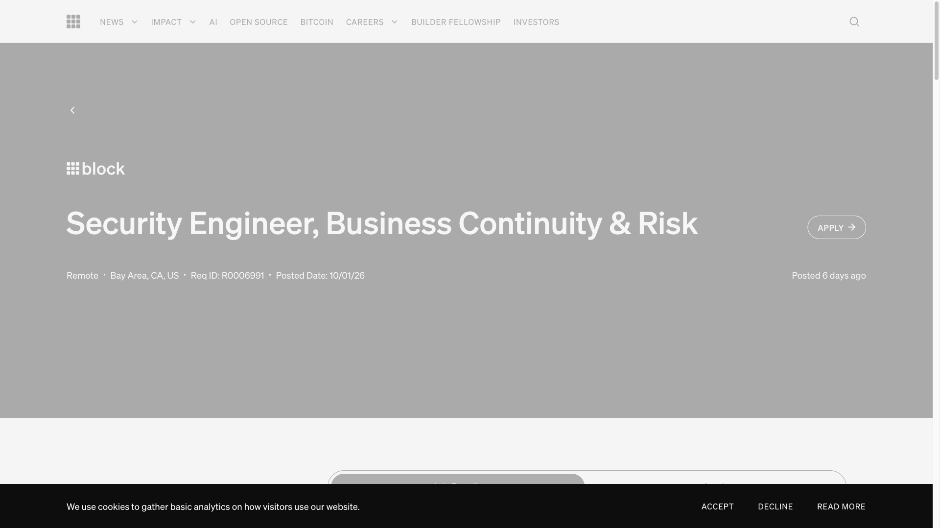 Screenshot of the Block (Square/Cash App) Security Engineer, Business Continuity & Risk job posting, captured 2026-10-08