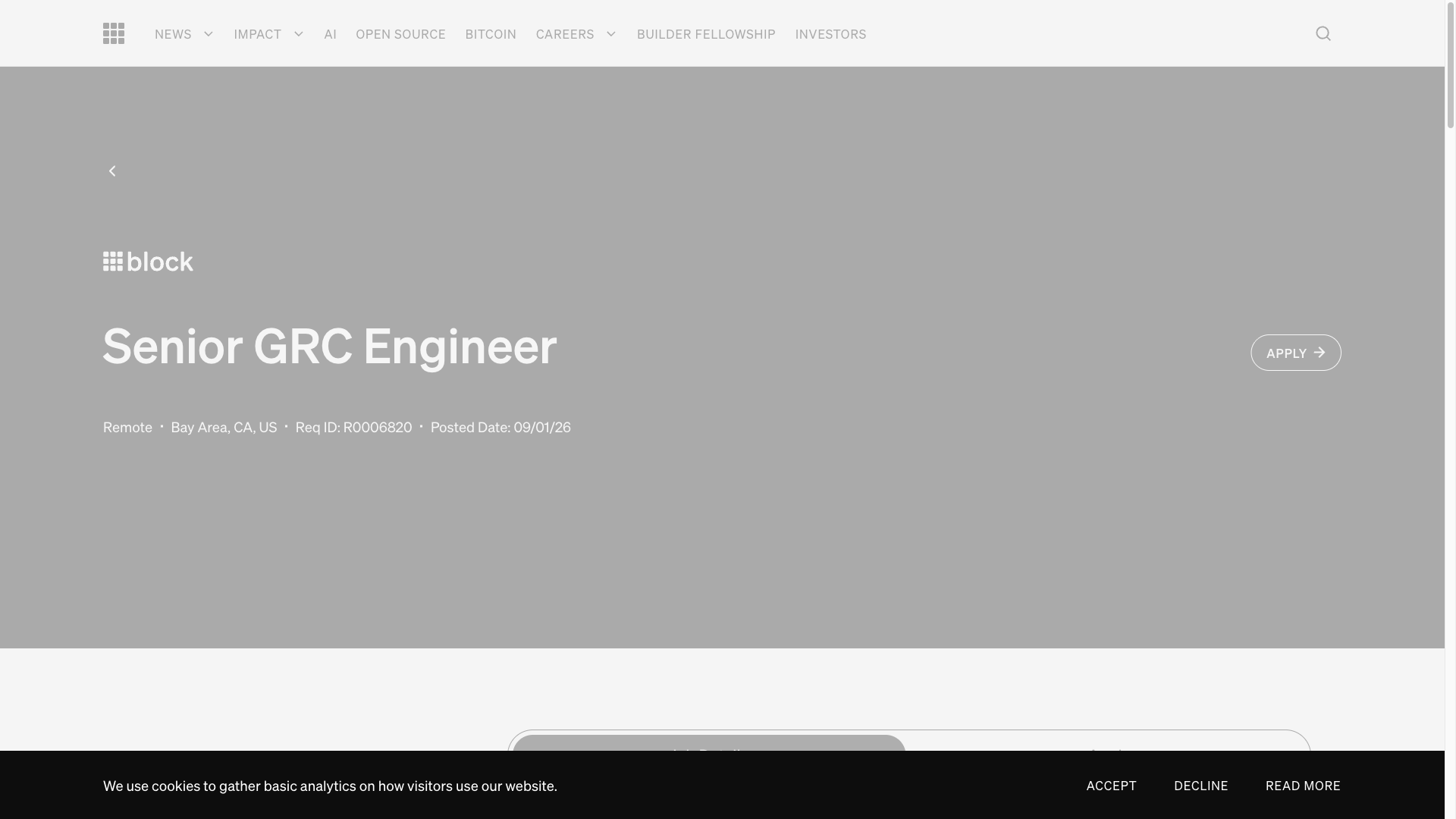 Screenshot of the Block (Square/Cash App) Senior GRC Engineer job posting, captured 2026-09-23