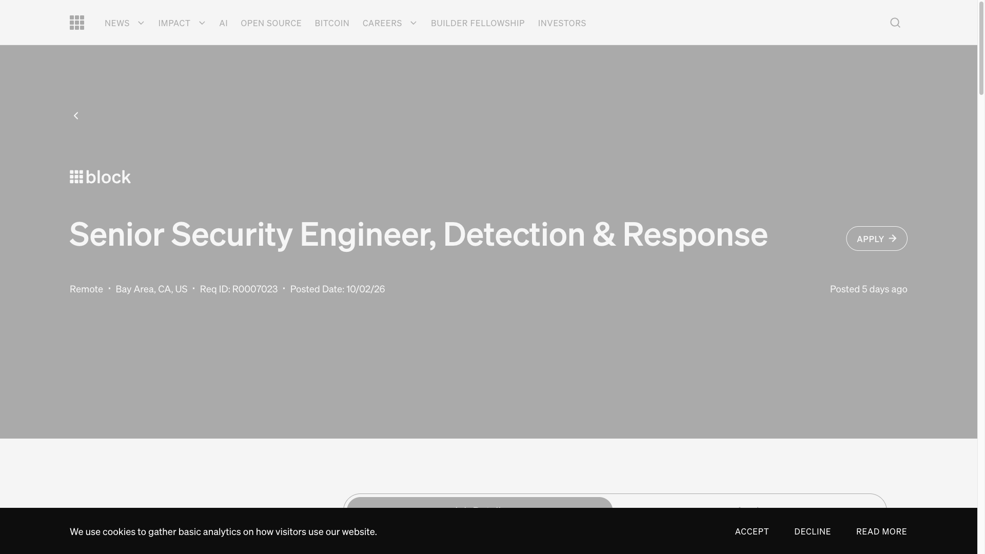 Screenshot of the Block (Square/Cash App) Senior Security Engineer, Detection & Response job posting, captured 2026-10-08