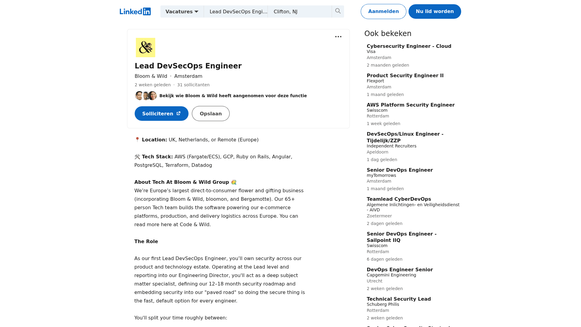 Screenshot of the Bloom & Wild Lead DevSecOps Engineer job posting, captured 2026-08-27