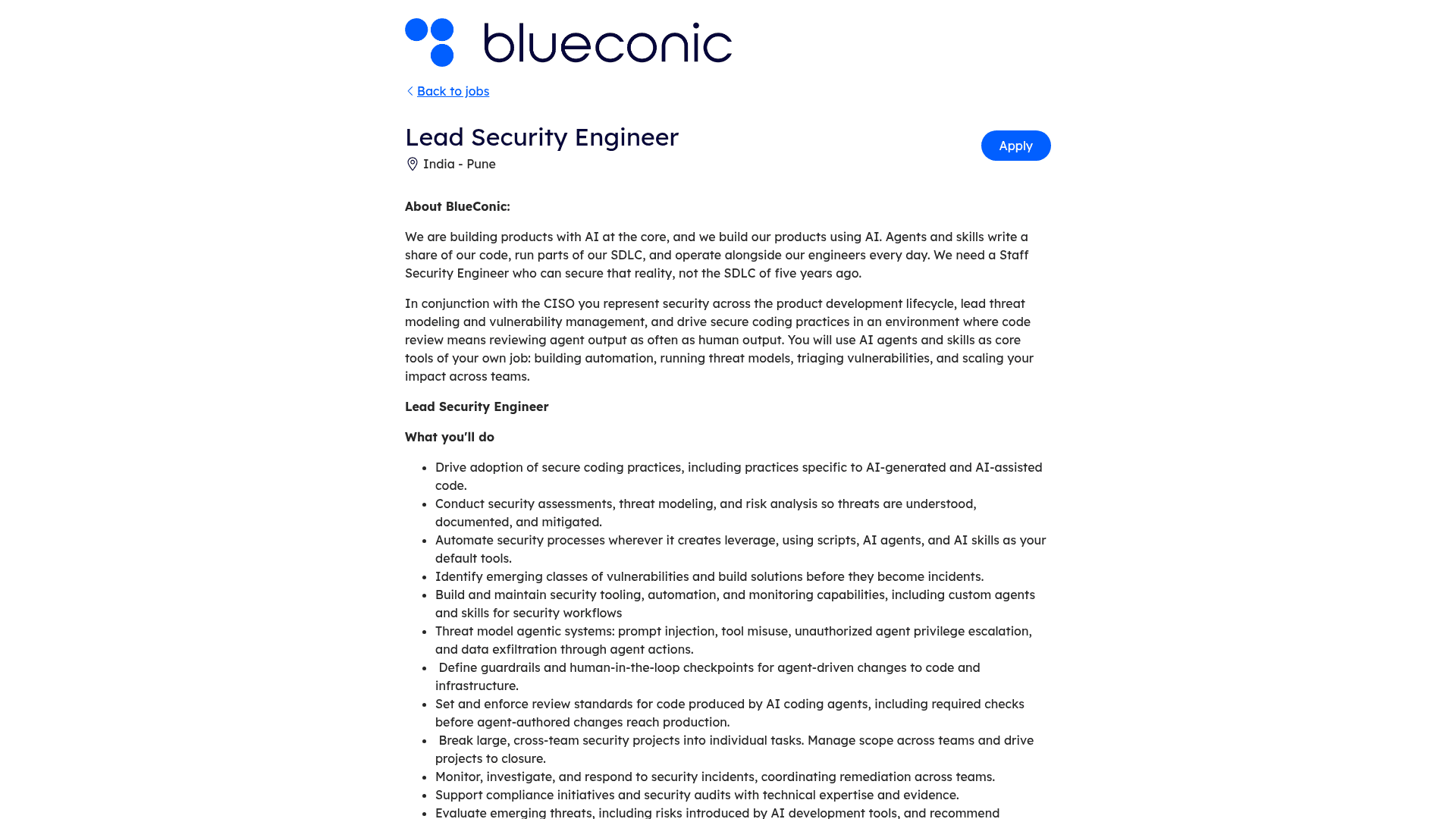 Screenshot of the BlueConic Lead Security Engineer job posting, captured 2026-08-27