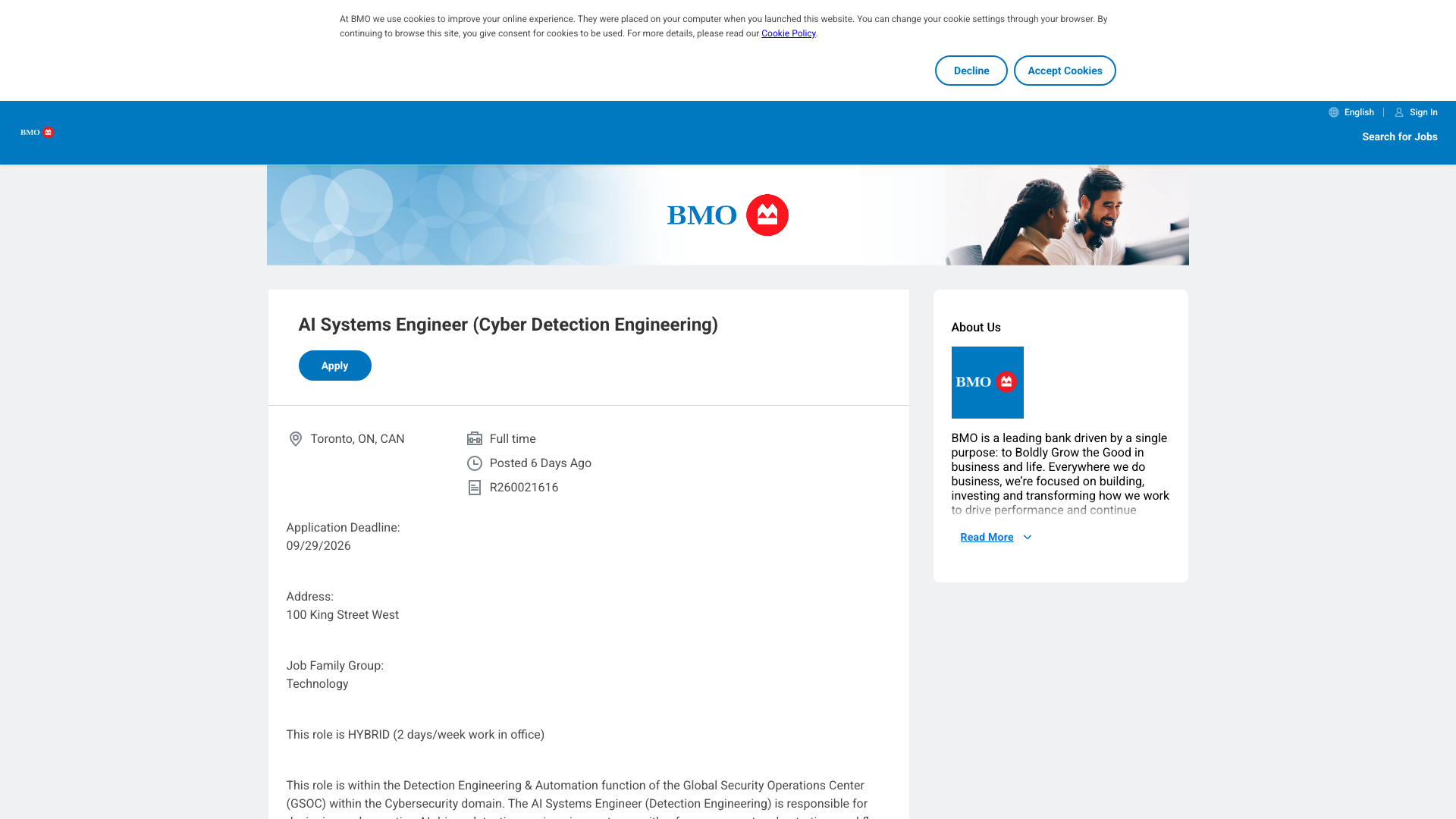 Screenshot of the BMO AI Systems Engineer (Cyber Detection Engineering) job posting, captured 2026-09-05