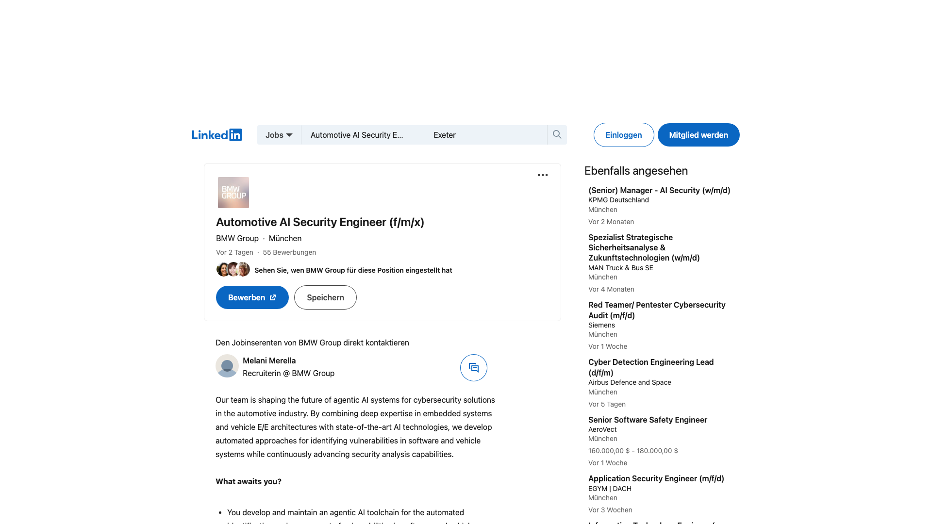 Screenshot of the BMW Group Automotive AI Security Engineer (f/m/x) job posting, captured 2026-09-05