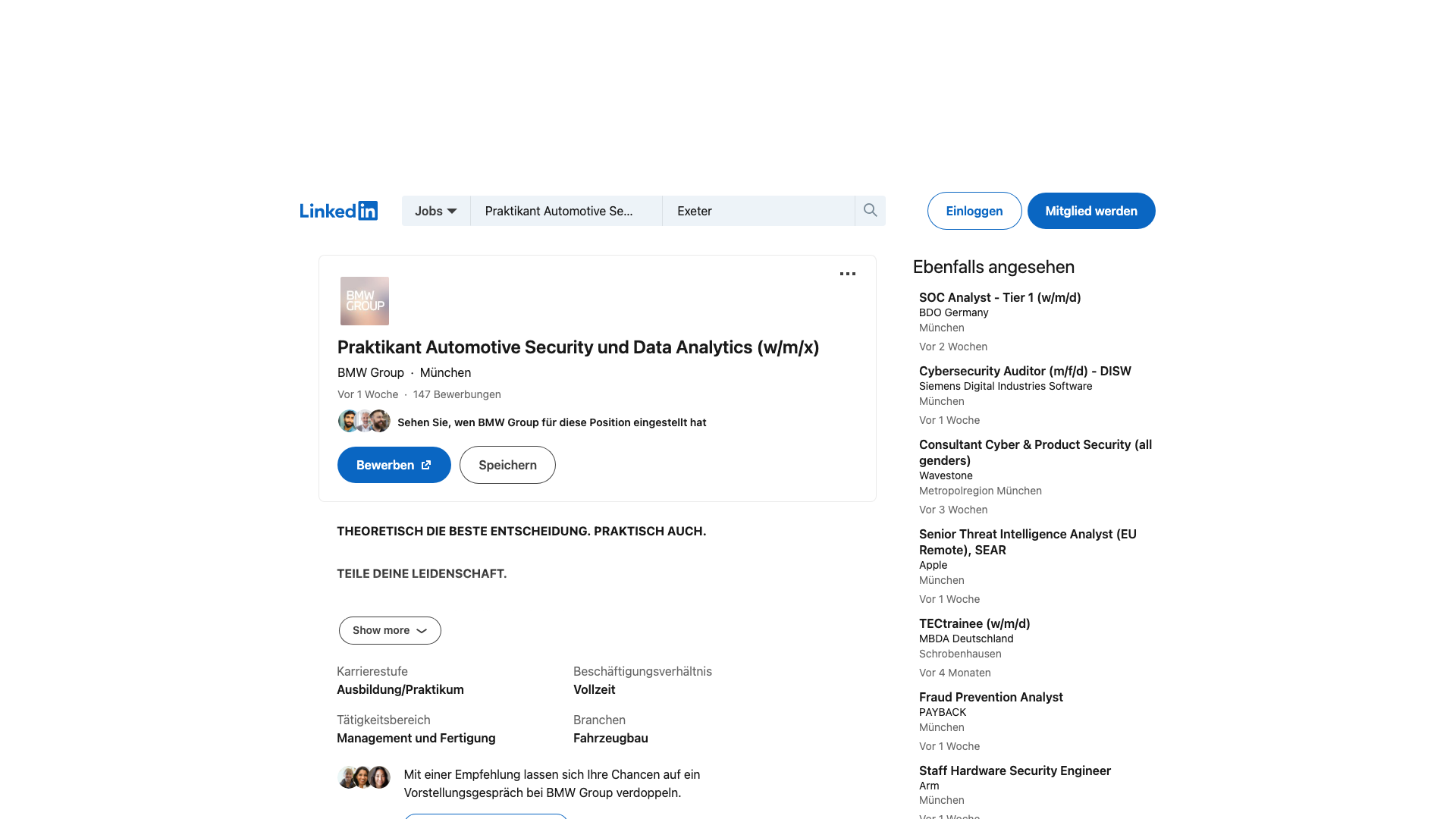 Screenshot of the BMW Group Praktikant Automotive Security und Data Analytics (w/m/x) job posting, captured 2026-09-05