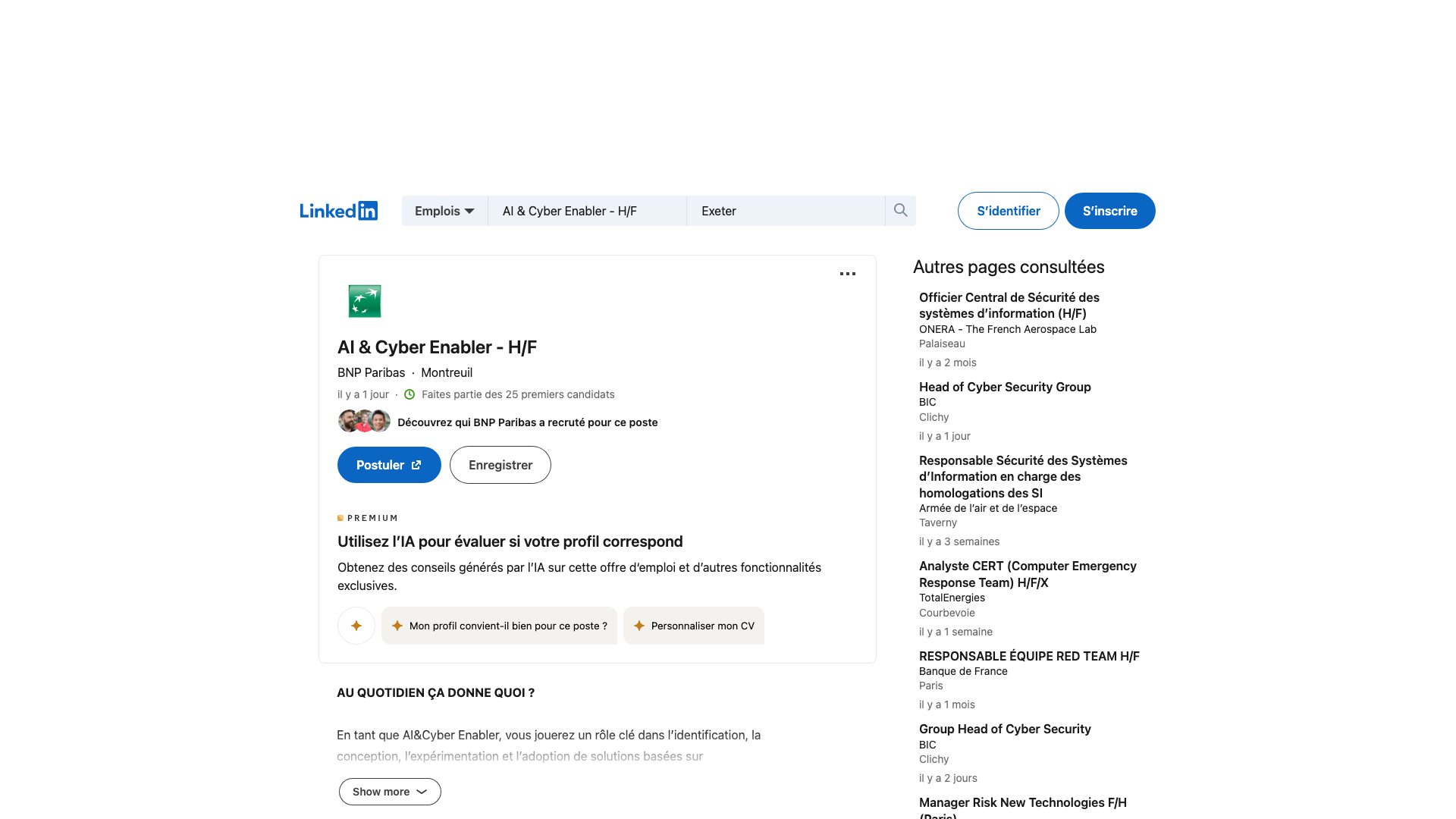 Screenshot of the BNP Paribas AI & Cyber Enabler - H/F job posting, captured 2026-09-05