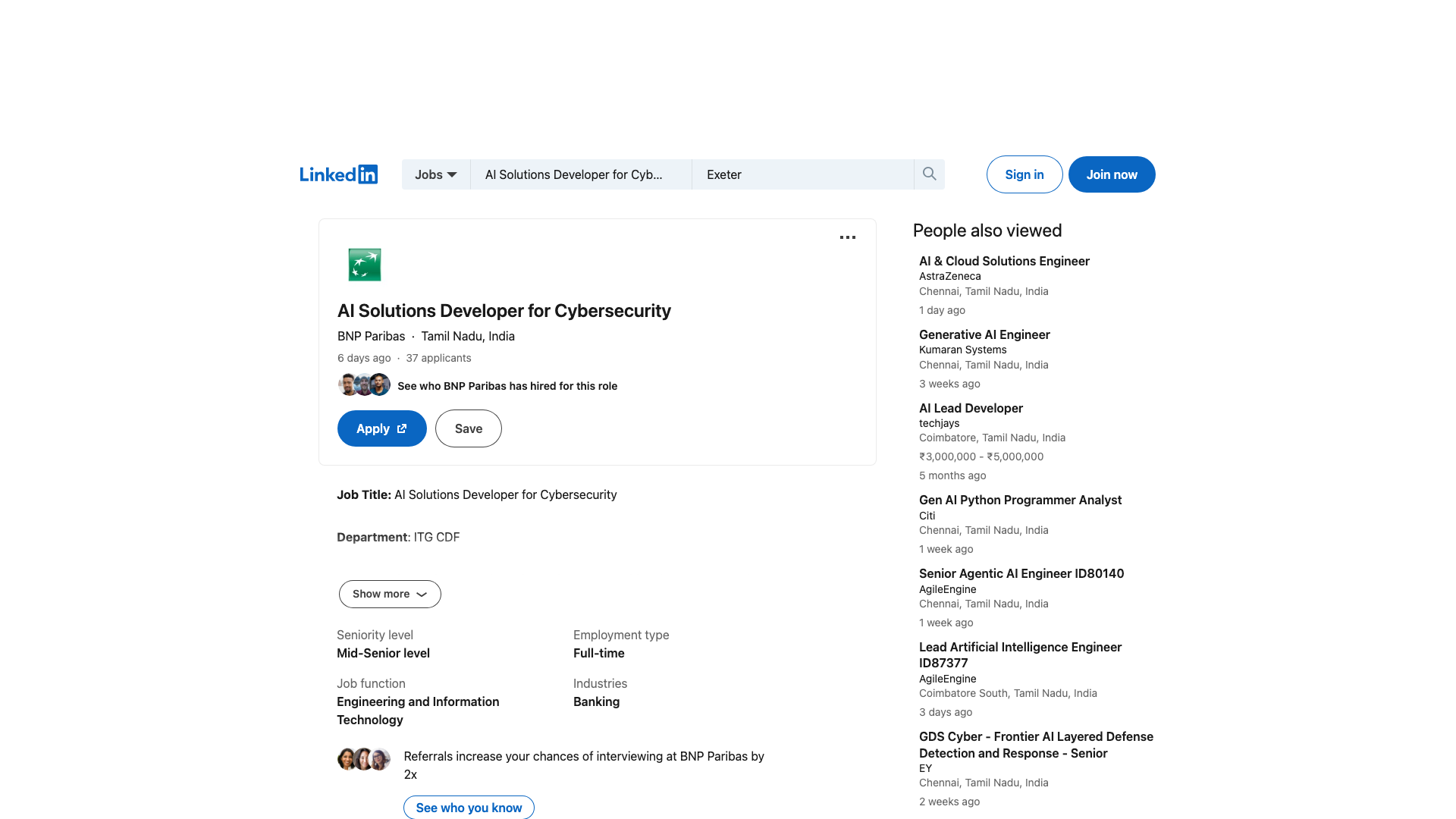 Screenshot of the BNP Paribas AI Solutions Developer for Cybersecurity job posting, captured 2026-09-05