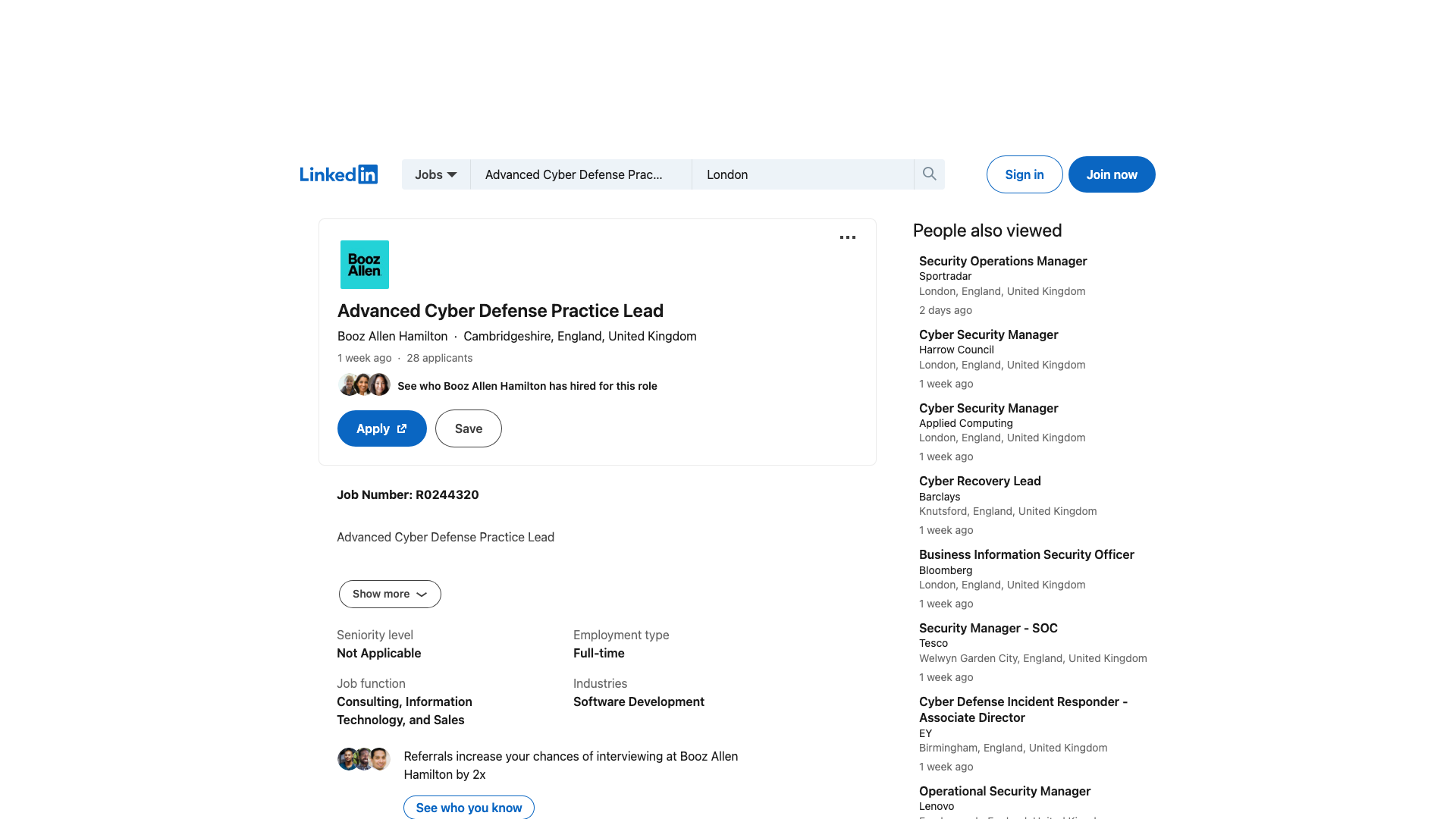 Screenshot of the Booz Allen Hamilton Advanced Cyber Defense Practice Lead job posting, captured 2026-09-05