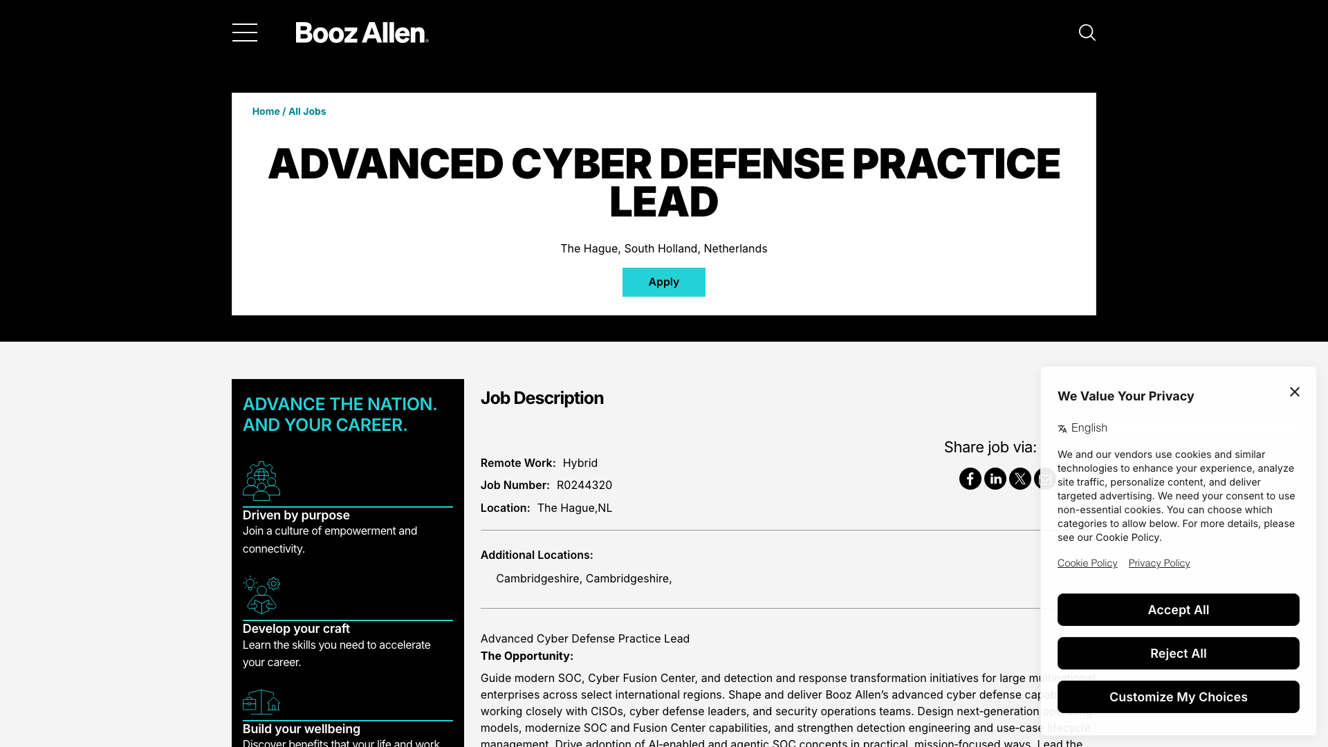 Screenshot of the Booz Allen Hamilton Advanced Cyber Defense Practice Lead job posting, captured 2026-09-05