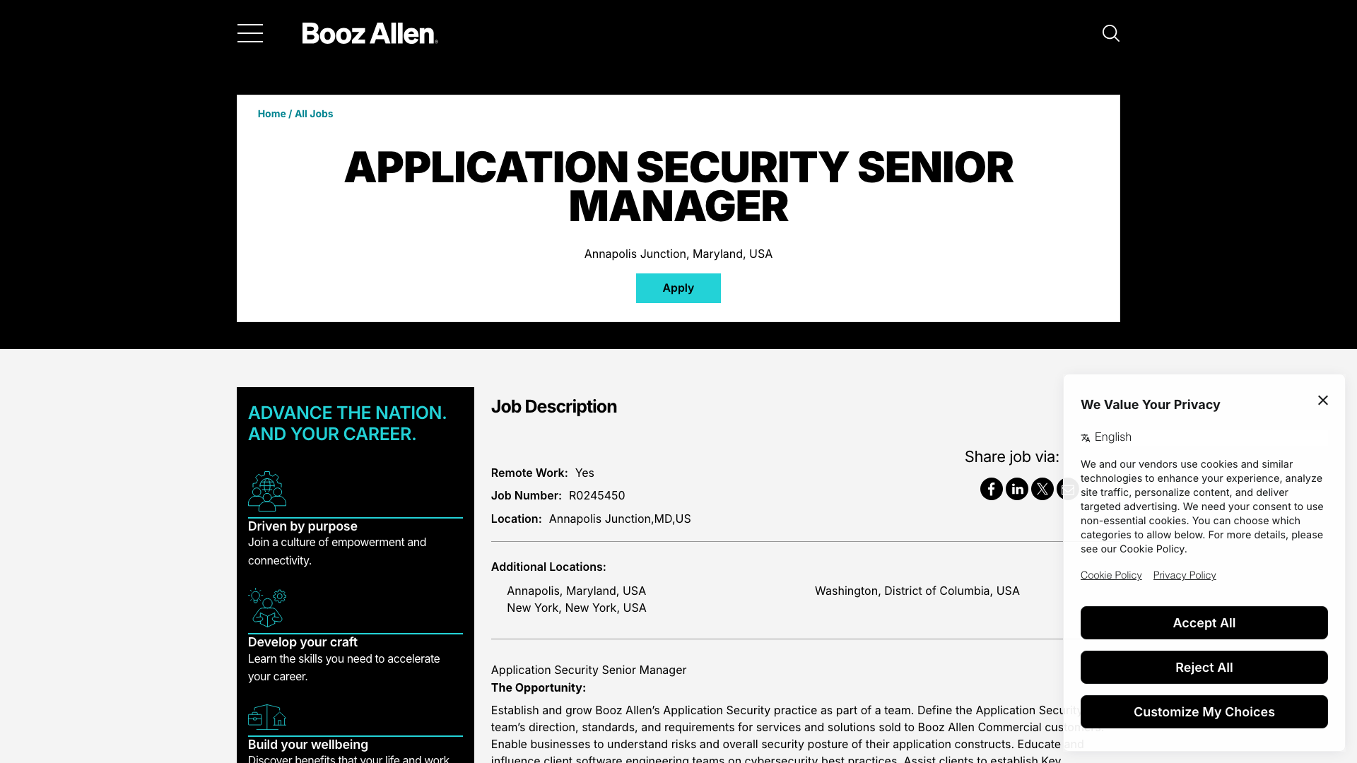 Screenshot of the Booz Allen Hamilton Application Security Senior Manager job posting, captured 2026-09-05