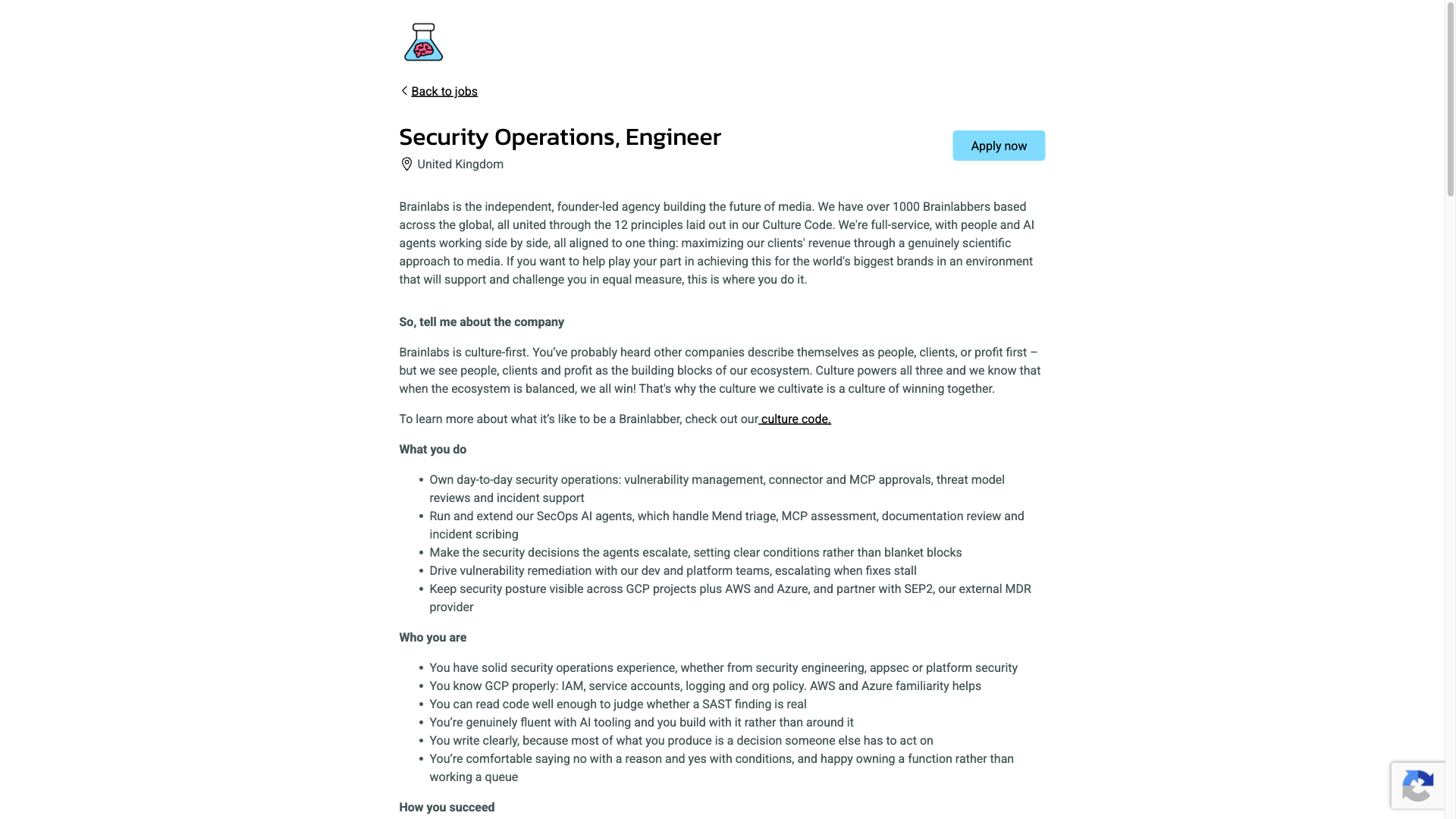 Screenshot of the Brainlabs Security Operations, Engineer job posting, captured 2026-09-23