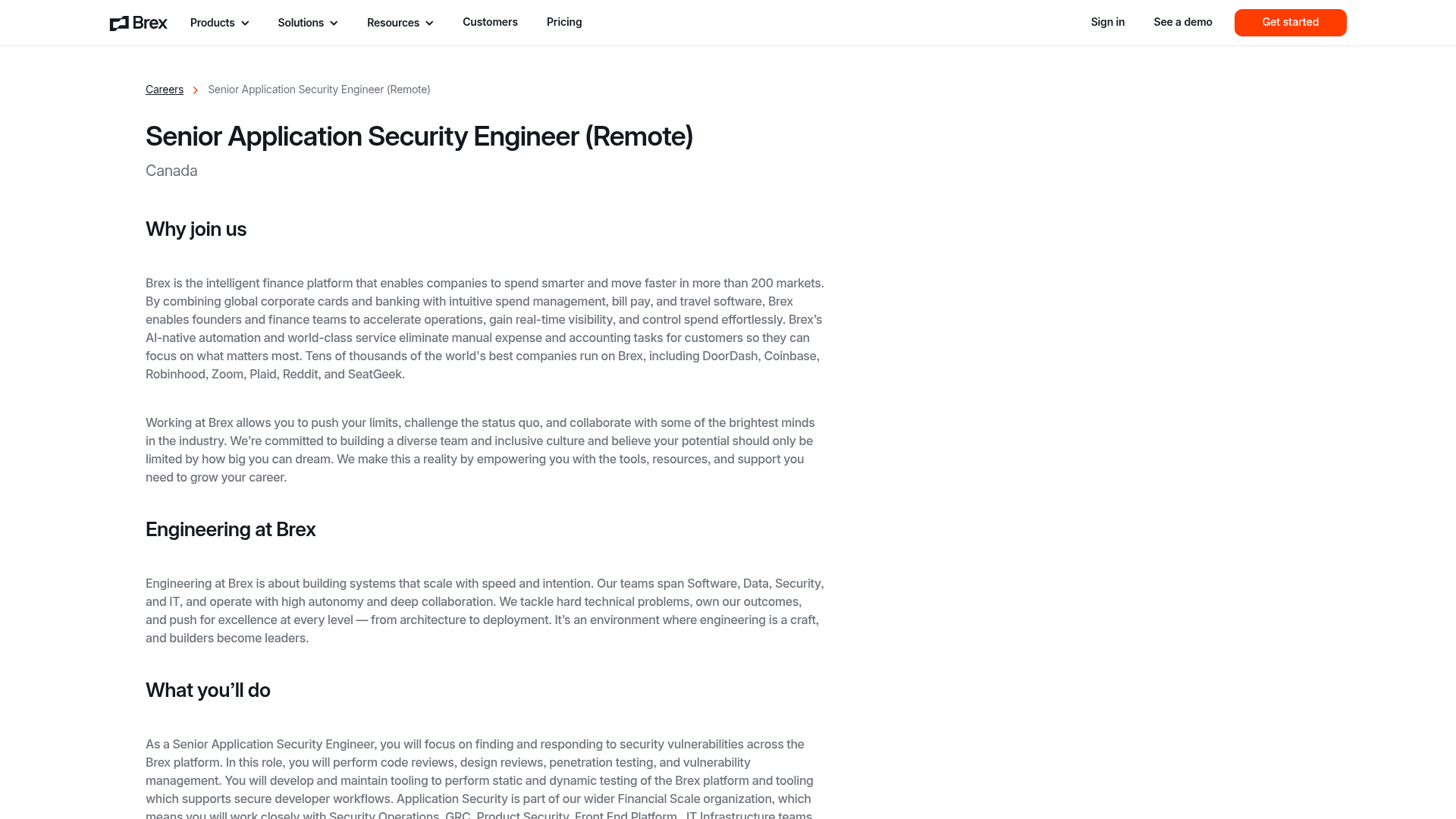 Screenshot of the Brex Senior Application Security Engineer (Remote) job posting, captured 2026-08-31