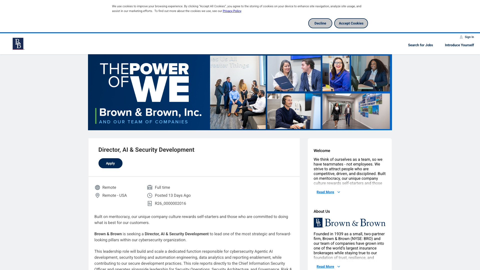 Screenshot of the Brown & Brown Director, AI & Security Development job posting, captured 2026-10-25