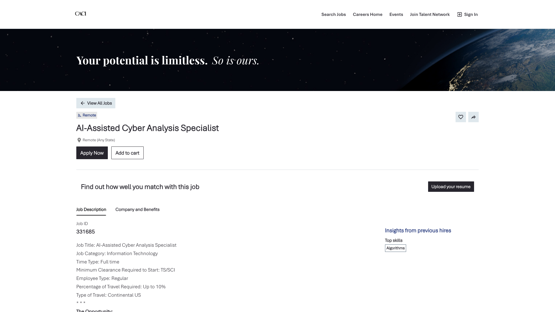 Screenshot of the CACI AI-Assisted Cyber Analysis Specialist job posting, captured 2026-09-05