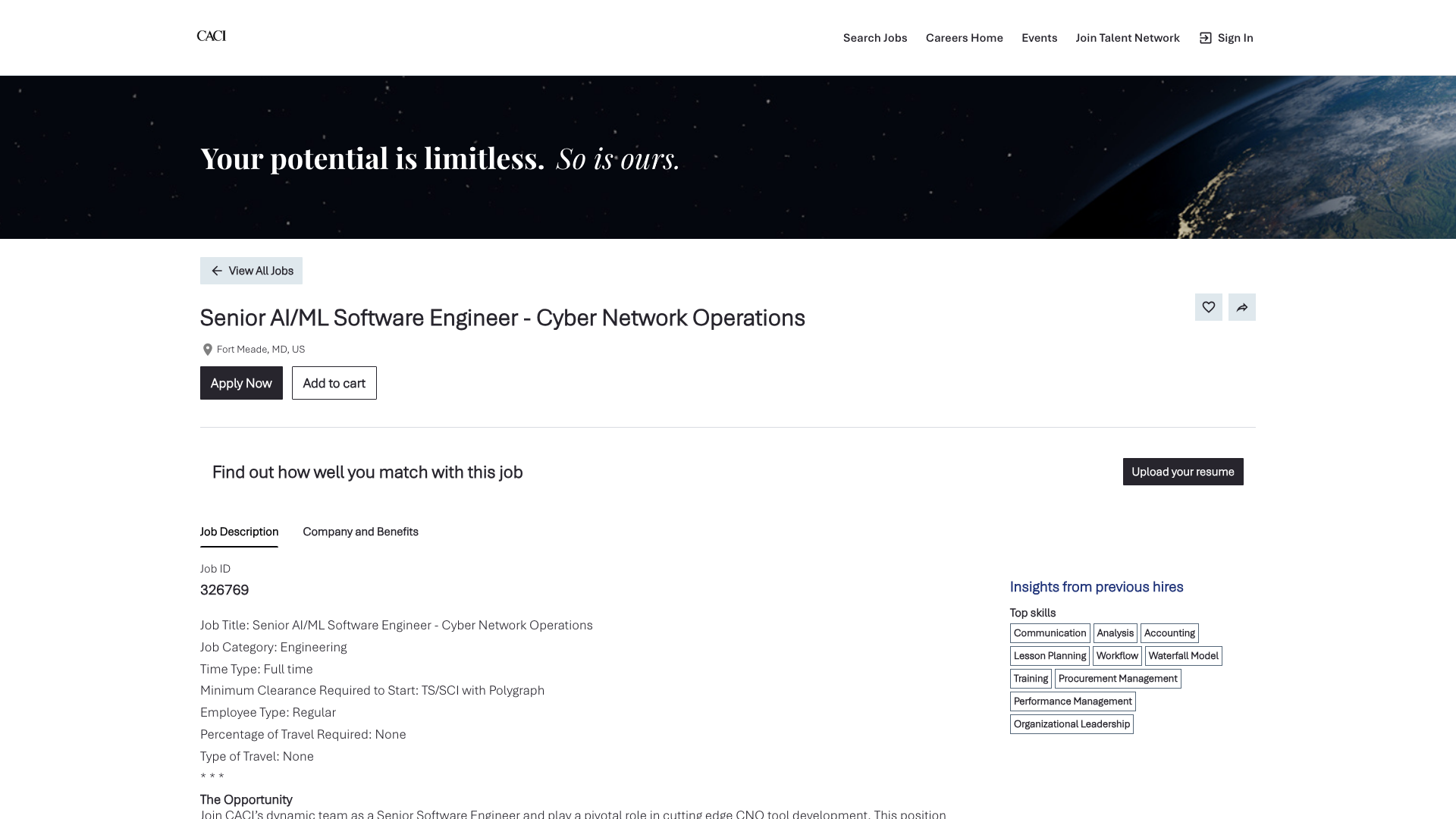 Screenshot of the CACI Senior AI/ML Software Engineer, Cyber Network Operations job posting, captured 2026-09-05