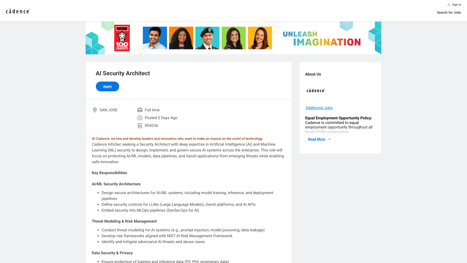 Screenshot of the Cadence AI Security Architect job posting, captured 2026-10-25