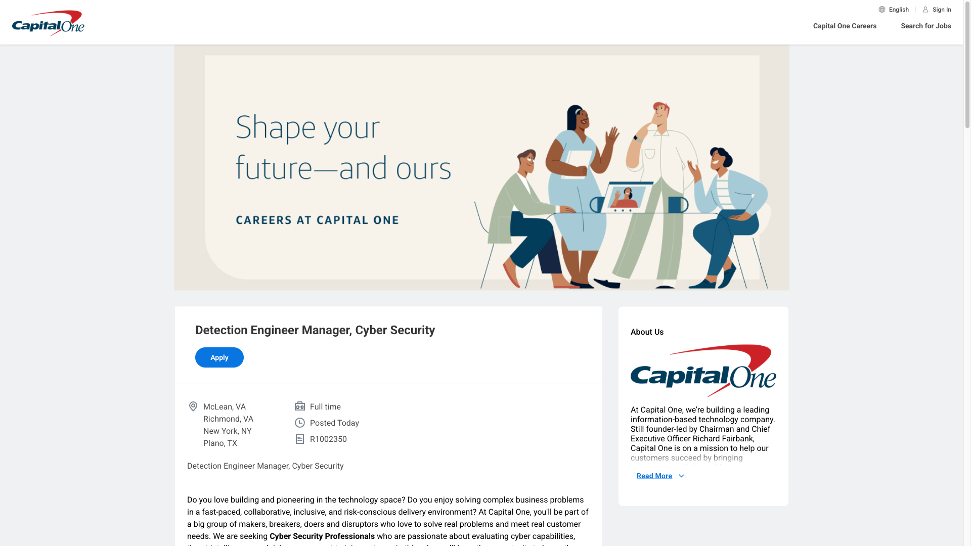 Screenshot of the Capital One Detection Engineer Manager, Cyber Security job posting, captured 2026-09-29