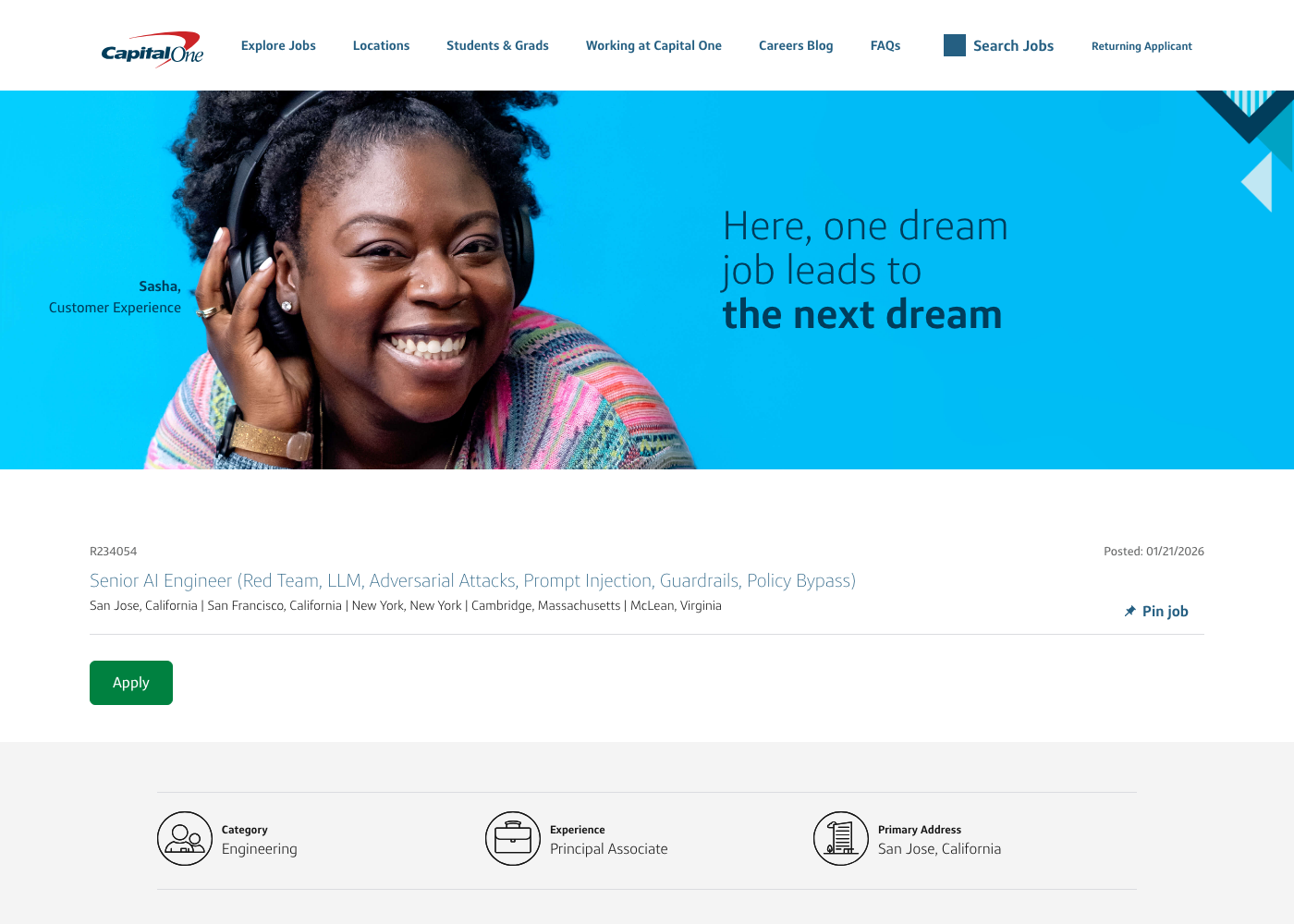Screenshot of the Capital One Senior AI Engineer (Red Team, LLM, Prompt Injection…) job posting, captured 2026-07-26