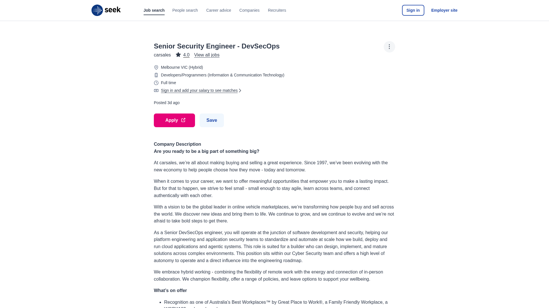 Screenshot of the carsales Senior Security Engineer - DevSecOps job posting, captured 2026-09-05