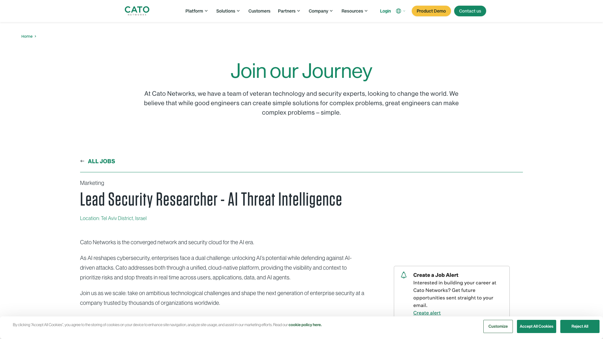 Screenshot of the Cato Networks Lead Security Researcher - AI Threat Intelligence job posting, captured 2026-10-22