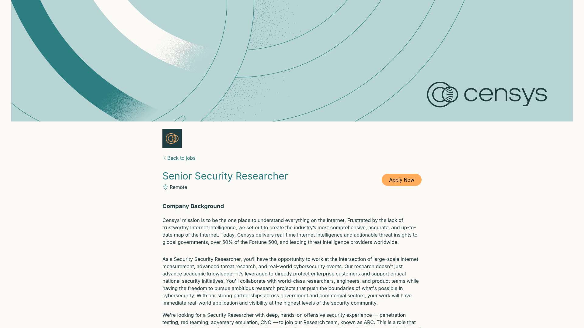 Screenshot of the Censys Senior Security Researcher job posting, captured 2026-08-31