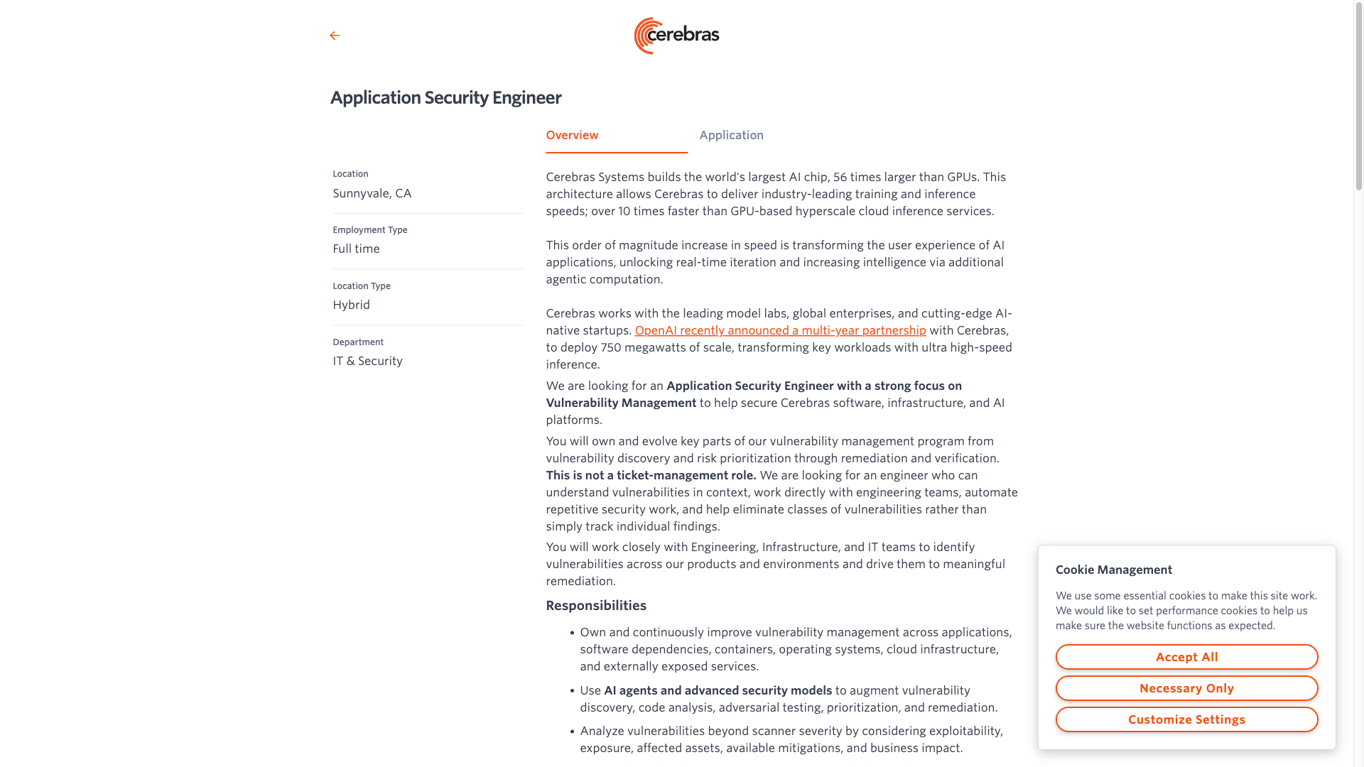 Screenshot of the Cerebras Application Security Engineer job posting, captured 2026-10-08