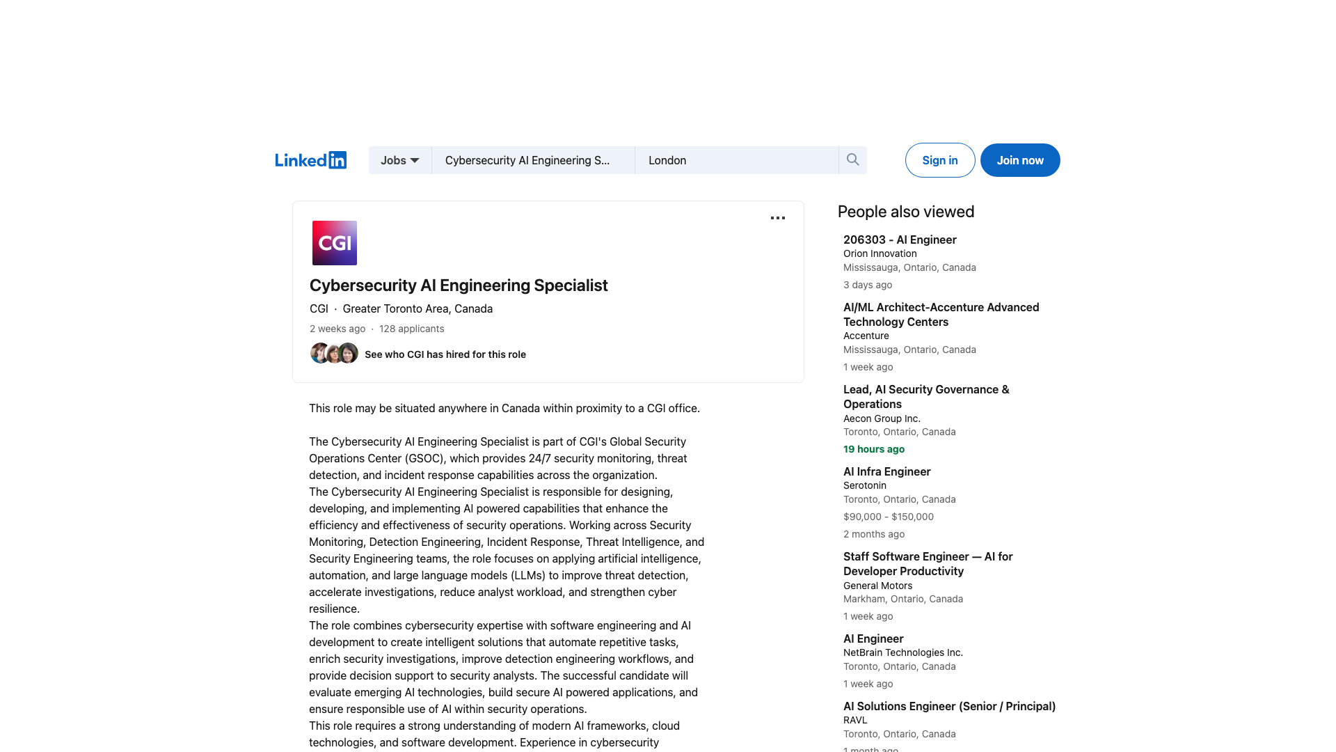 Screenshot of the CGI Cybersecurity AI Engineering Specialist job posting, captured 2026-09-05