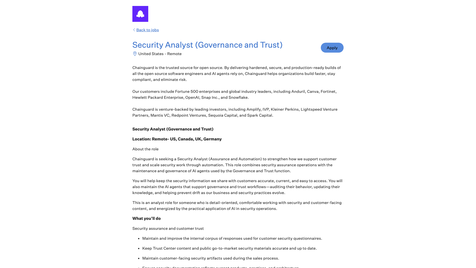 Screenshot of the Chainguard Security Analyst (Governance and Trust) job posting, captured 2026-10-22